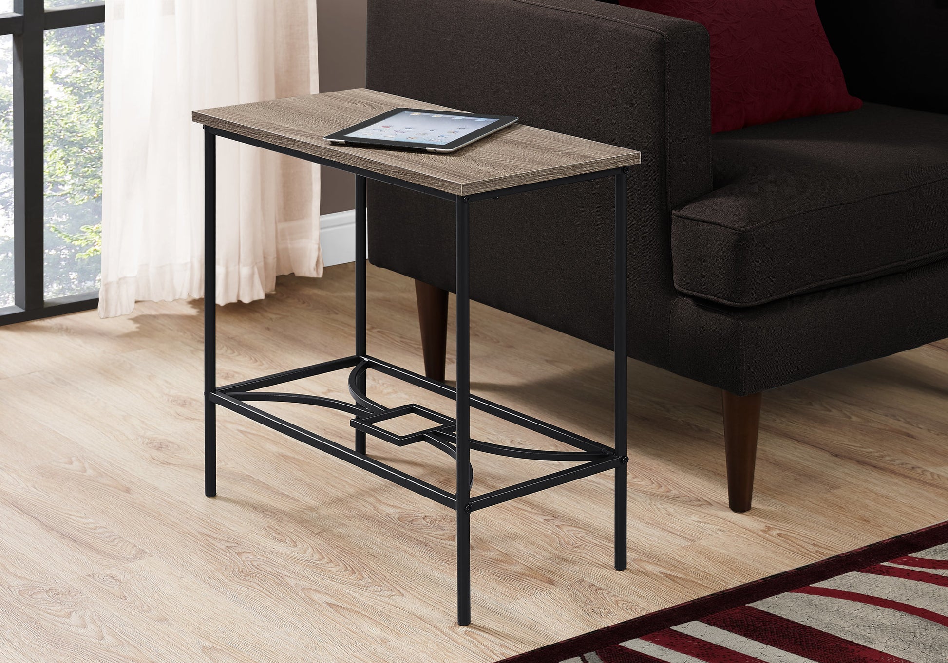 Accent Table, Side, End, Narrow, Small, 2 Tier, Living Room, Bedroom, Brown Laminate, Black Metal, Contemporary, Modern Taupe Mdf