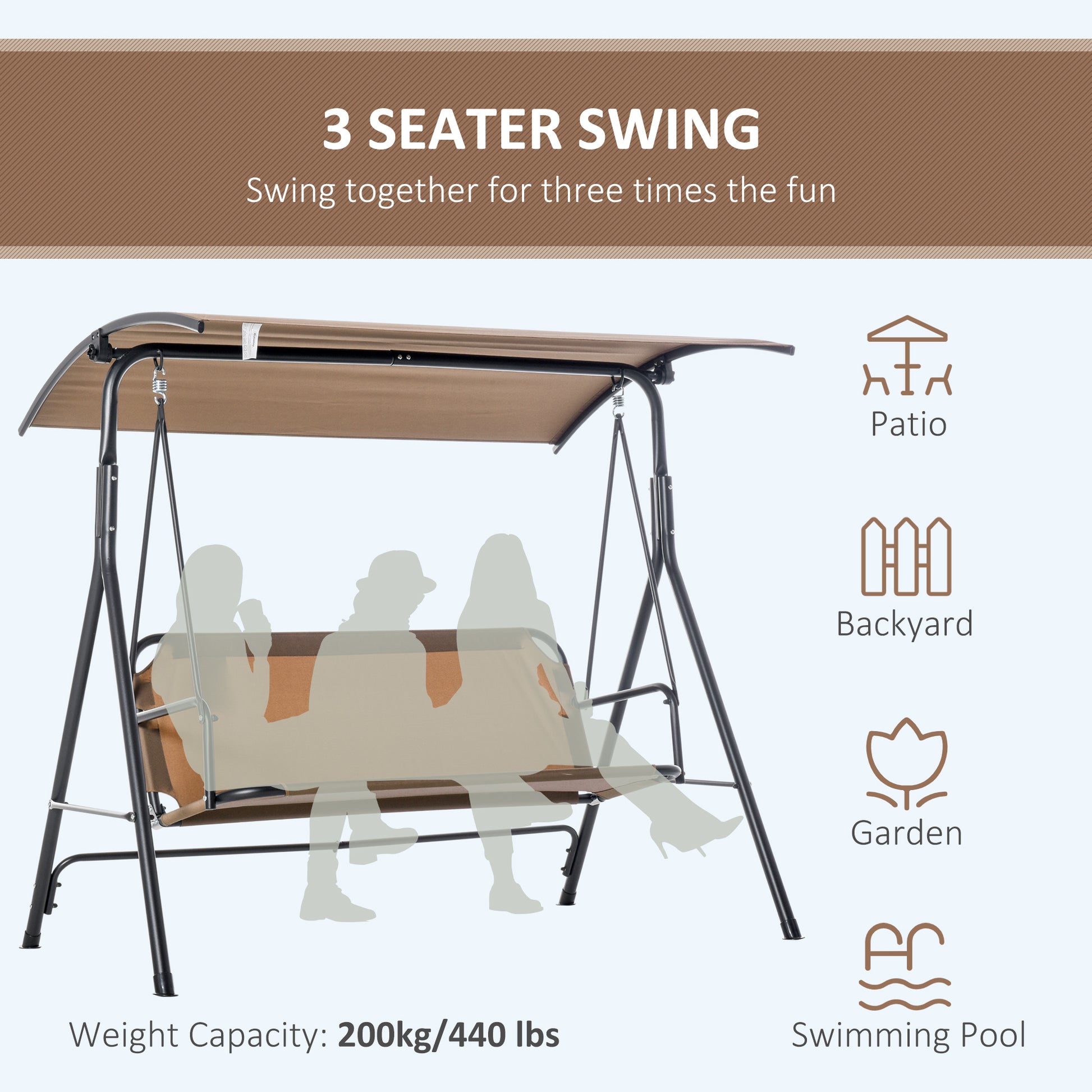 Outsunny 3 Person Porch Swing With Stand, Outdoor Swing For Patio Porch With Adjustable Tilt Canopy And Comfortable Swing Bench Style Seat, Steel Frame, Brown Brown Plastic