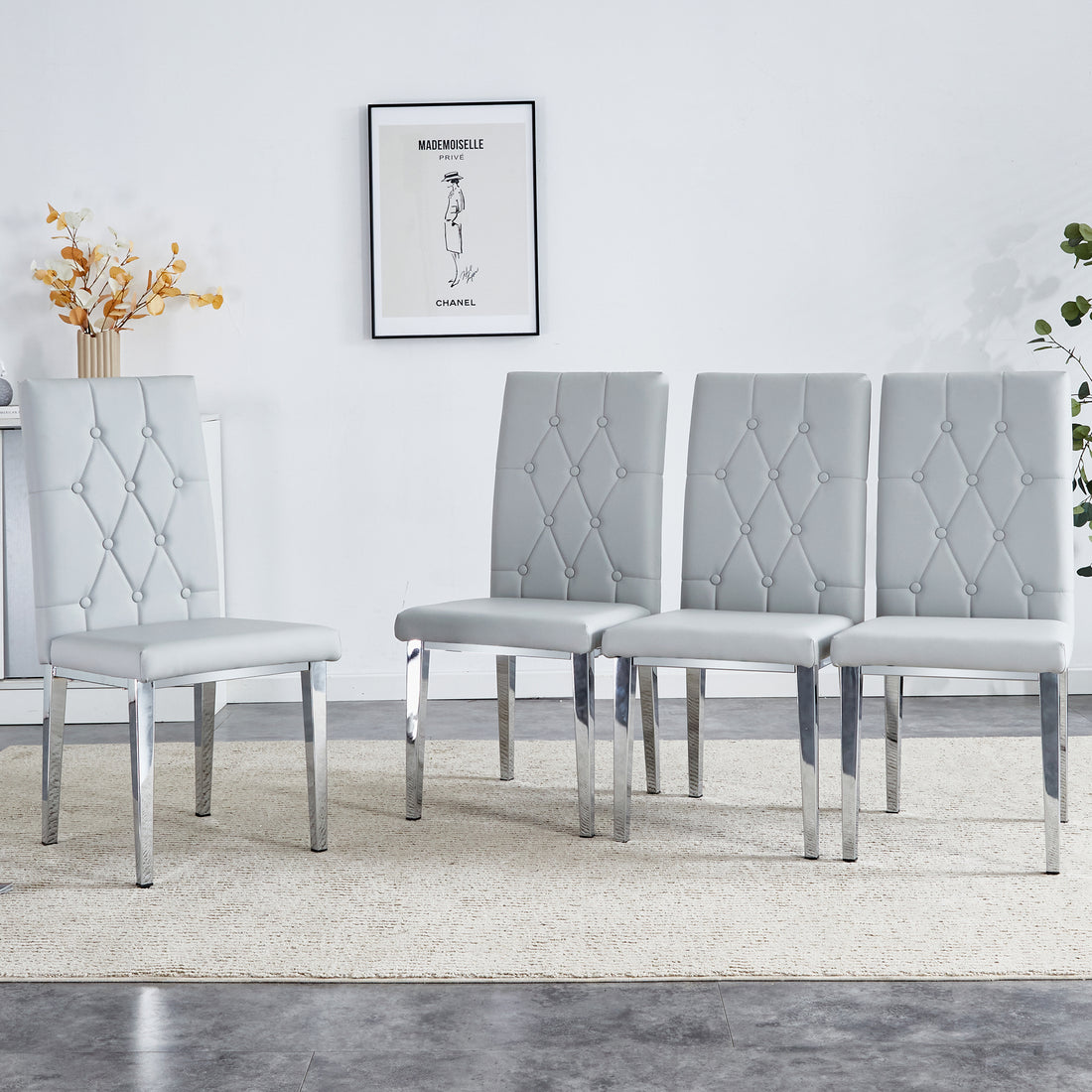 4 Piece Dining Chair, Modern Style Kitchen Upholstered High Back, Metal Leg Office Chair, Suitable For Dining Room, Office, Restaurant. Light Gray Pu