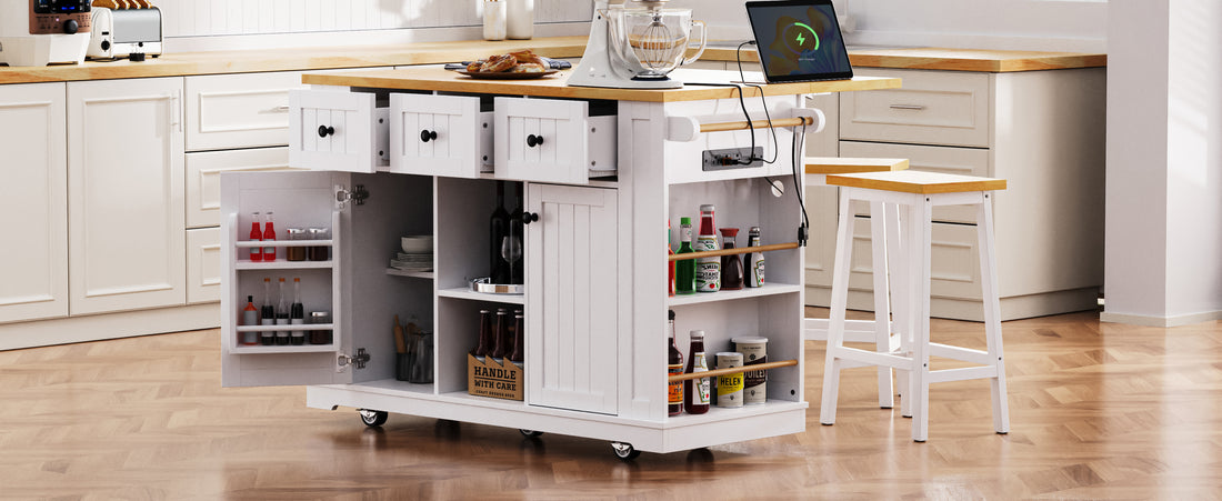 K&K 53Inch Large Kitchen Island With Drop Leaf, Power Outlet, Door Internal Storage Rack, Rolling Kitchen Cart On 5 Wheels With 5 Open Side Racks For Kitchen, Dining Room,White Not Include Bar