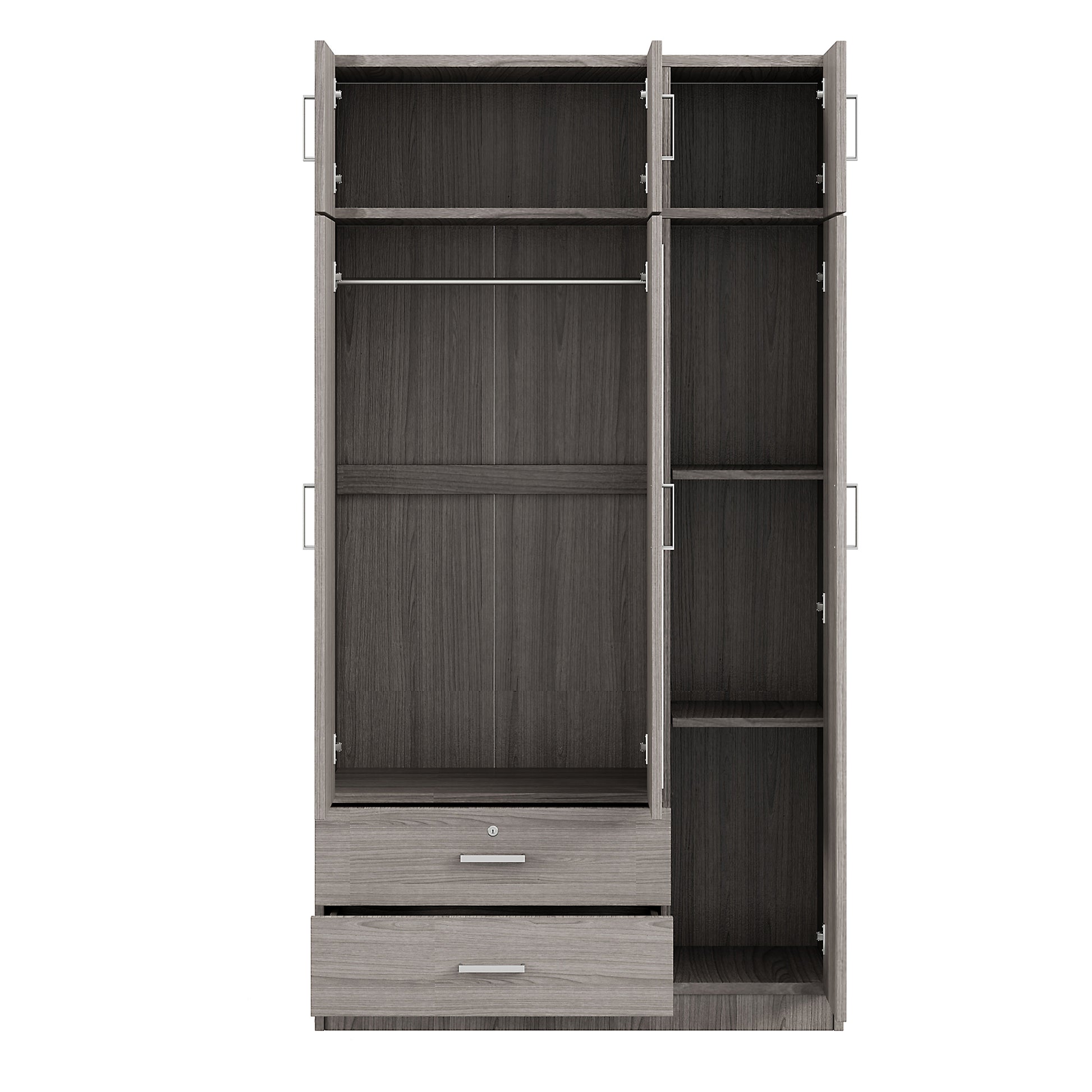 3 Door Mirror Wardrobe With 2 Drawers And Top Cabinet,Gray Gray Particle Board