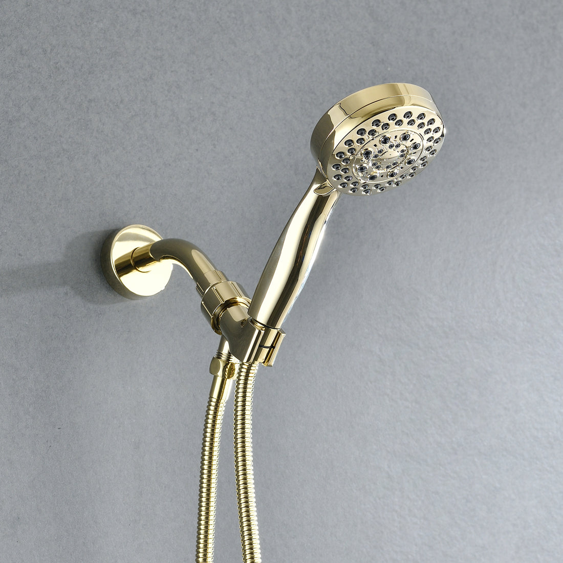 Polished Gold Wall Mounted Handheld Shower Head With 5 Adjustable Settings And Hose Polished Golden Stainless Steel