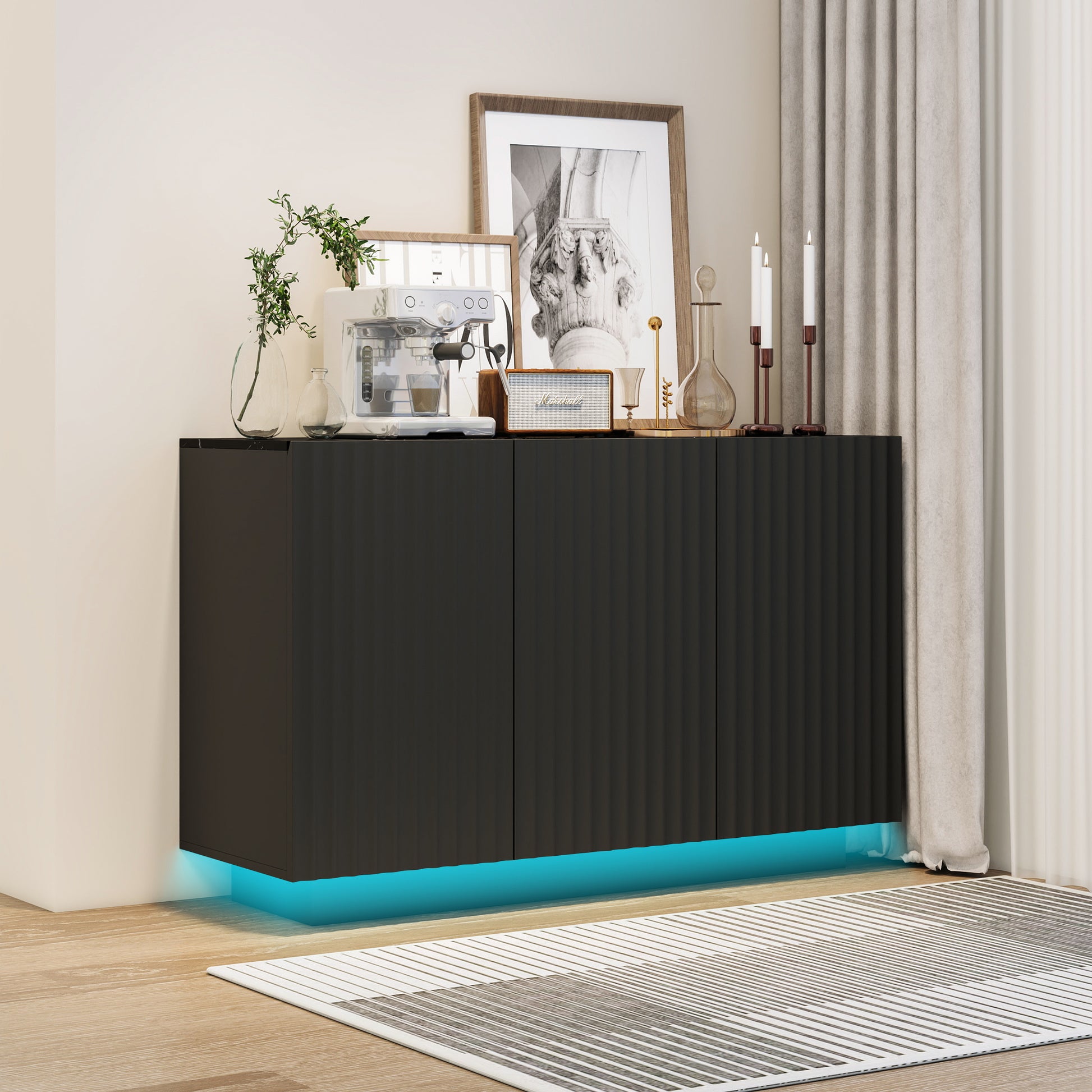 Led Carved Line 3 Door Storage Cabinet,Sideboard Buffet Cabinet With Adjustable Shelf,Large Storage Accent Cabinet For Living Room,Dining Room,Bedroom 5 Or More Shelves Black Primary Living Space Adjustable Shelves Luxury,Modern Particle Board Mdf