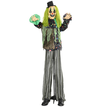 Homcom 6.1' Life Size Outdoor Halloween Decoration, Animatronic Circus Clown, Sound And Motion Activated Animated Prop With Light Up Eyes, Talking And Laughter Green Polyester