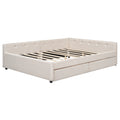 Queen Size Upholstered Platform Bed With Usb And 2 Drawers, Beige Box Spring Not Required Queen Beige Wood Bedroom Bed Frame Linen Upholstered
