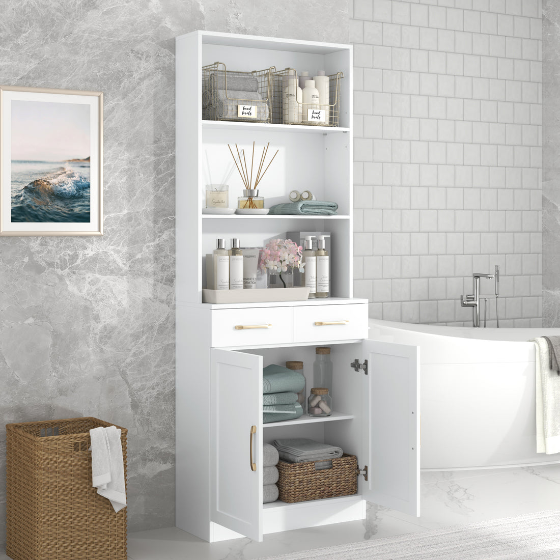 Bathroom Storage Cabinet, Cabinet With Two Doors And Drawers, Adjustable Shelf, Three Layer Open Shelf, Mdf Board, White White Mdf