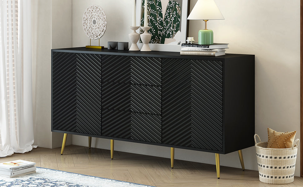 Modern Sideboard With Geometric Line Design, Conical Metal Legs, And Central Drawers For Stylish Storage, Suitable For Study, Entryway And Living Room Black Primary Living Space American Design Mdf