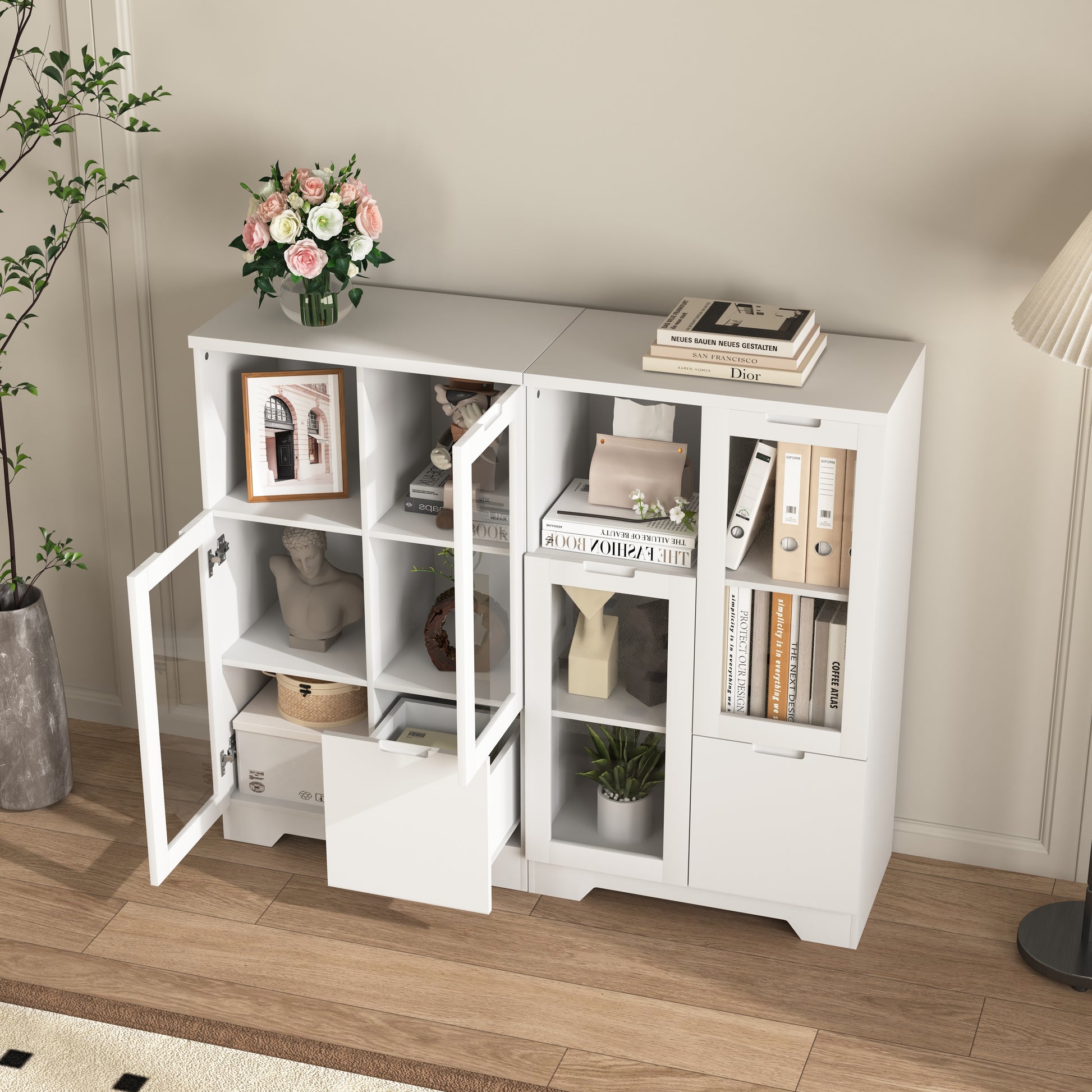 Wooden Floor Cabinet With 2 Glass Doors And 2 Storage Space,White ,Living Room Bathroom Entryway White White Mdf