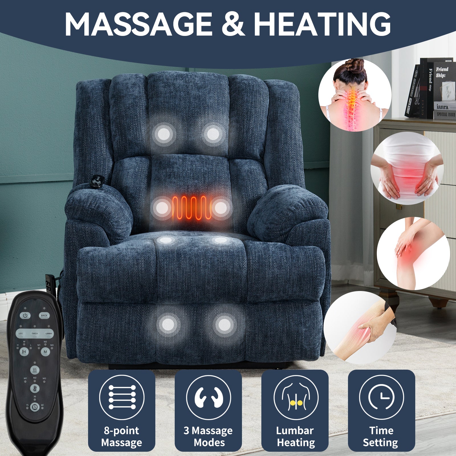 Dual Motor Heat Massage Infinite Position Up To 350 Lbs Electric Power Lift Recliners With Power Remote, Medium Firm And Heavy Duty, Blue Blue Chenille Power Remote Metal Primary Living Space Medium Firm Pillow Back Heavy Duty American Design Pine Pillow