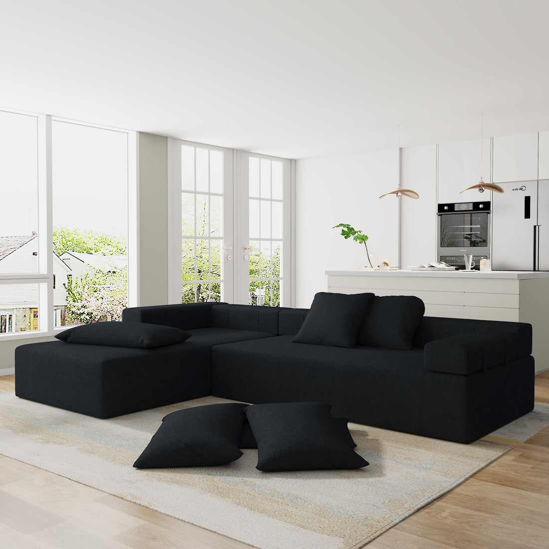 Modern Upholstered Sectional Sofa Couch Set,Modular 108" L Shaped Sectional Living Room Sofa Set With 6 Pillows,Free Combination Sofa Couch For Living Room,Bedroom Left Chaise Black Foam Chenille 3 Seat