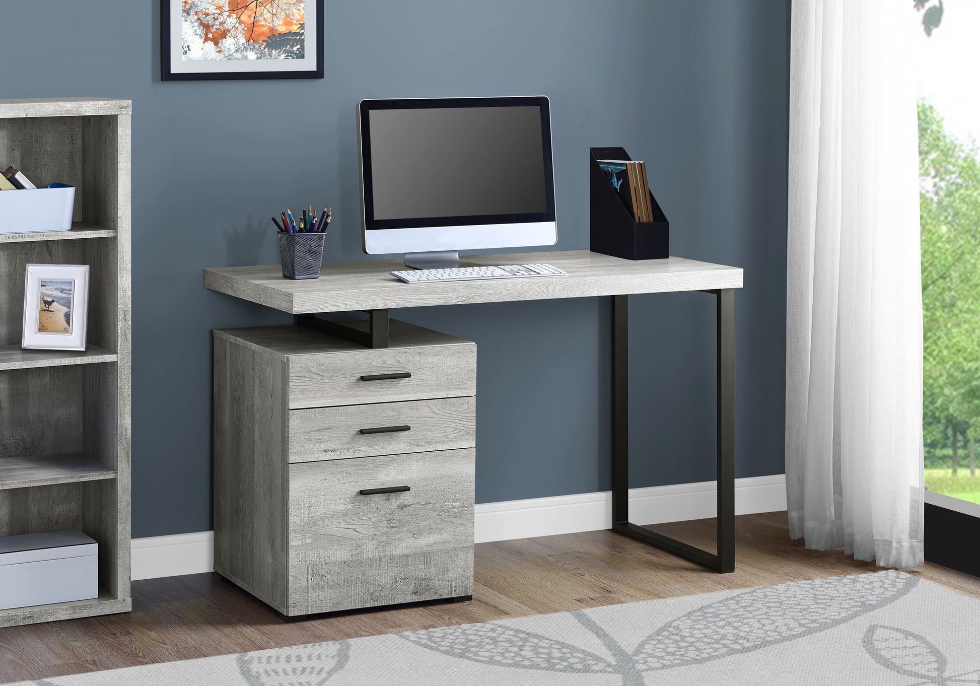 Computer Desk, Home Office, Laptop, Left, Right Set Up, Storage Drawers, 48"L, Work, Grey Laminate, Black Metal, Contemporary, Modern Grey Particle Board