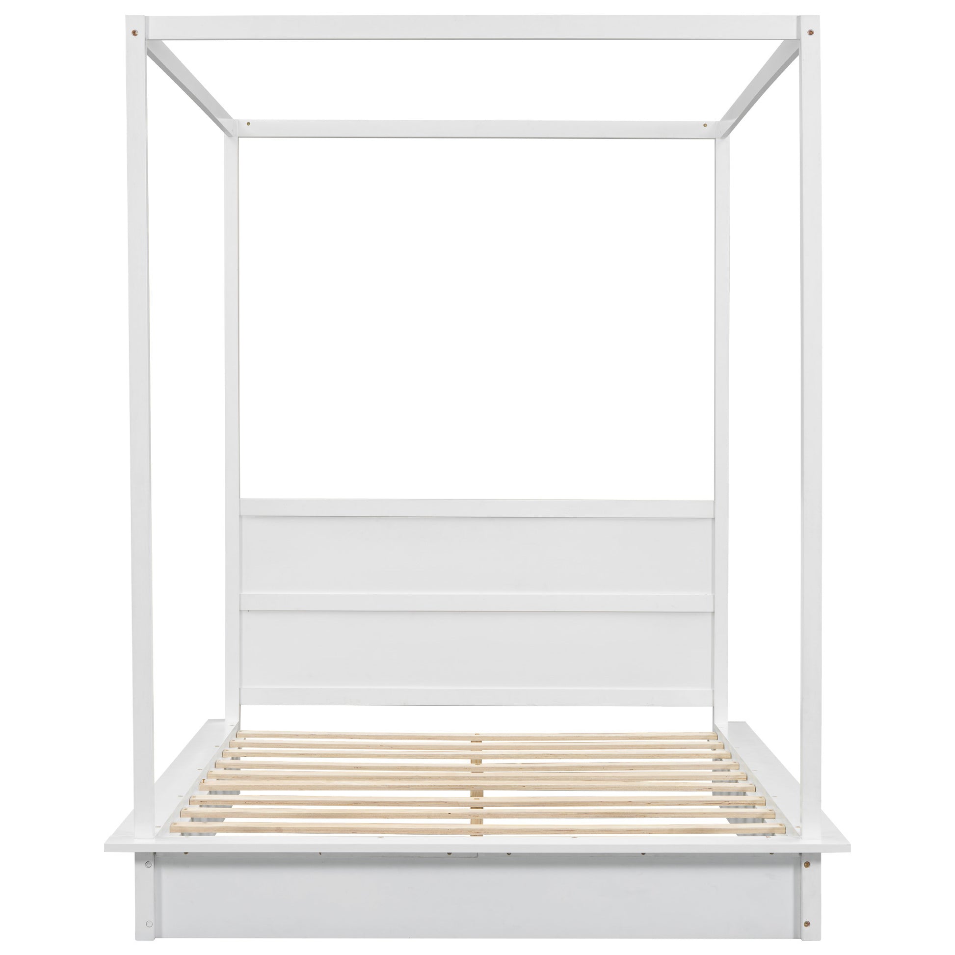 Full Size Wood Led Canopy Bed ,Canopy Platform Bed With Support Slats, No Box Spring Needed, White Full White Plywood