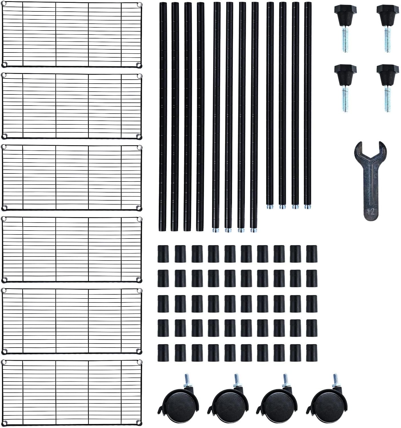 6 Tier Shelving Units, 29.92'' W X 13.98'' D X 71.65'' H Adjustable Wire Shelving With Hanging Hooks And Wheels, Black Black Steel