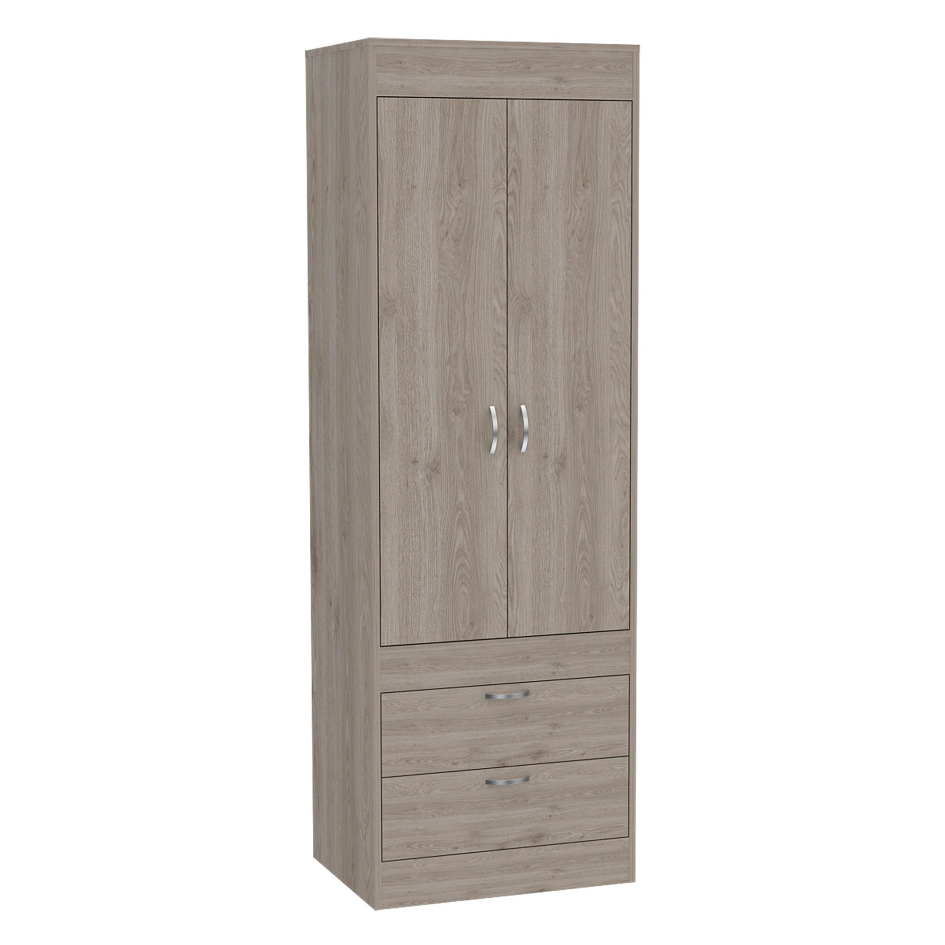 Armoire, Double Door Cabinet, Two Drawers, Metal Handles, Rod, Light Gray Light Gray Solid Wood Mdf Engineered Wood