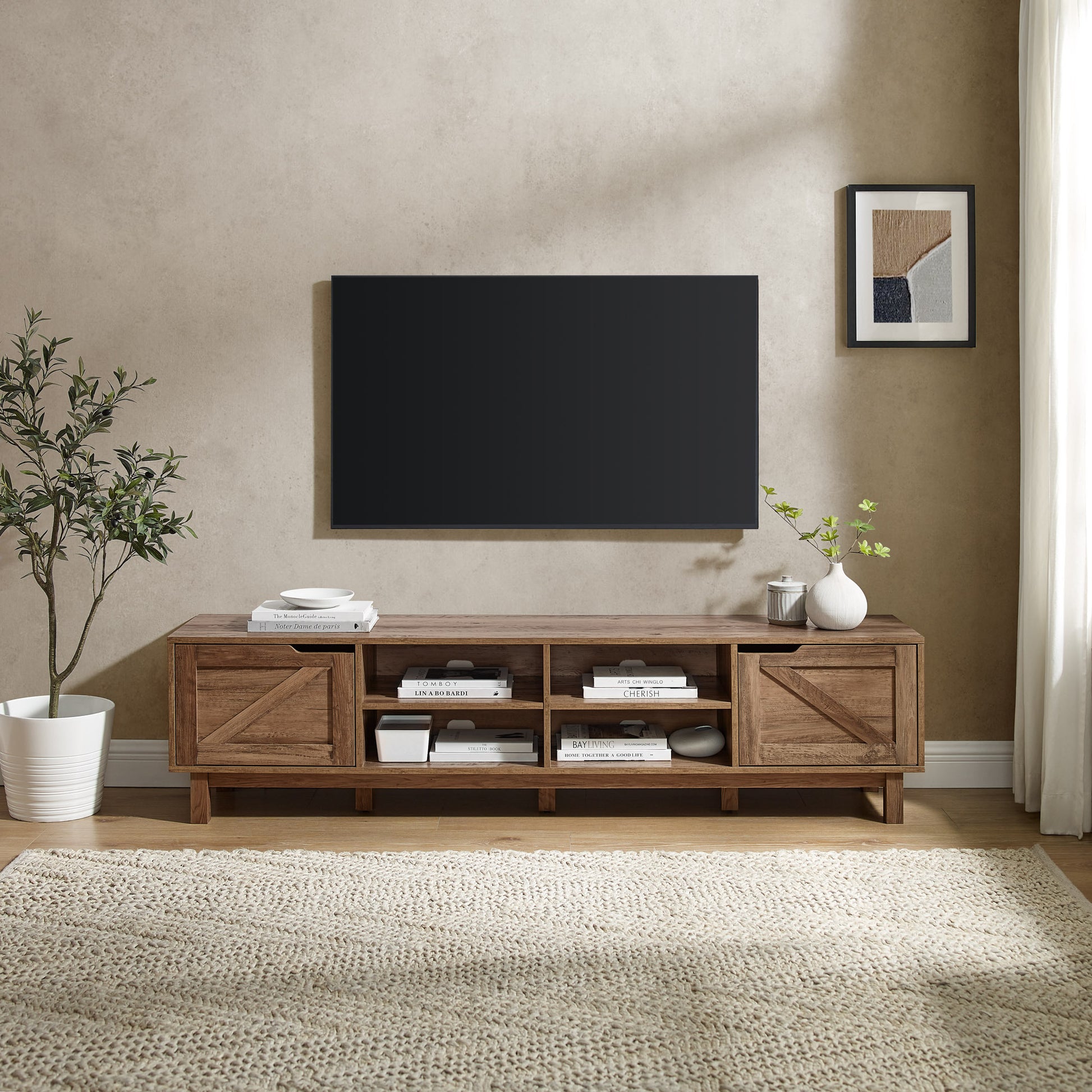 Rustic Barndoor Open Storage Tv Stand For Tvs Up To 80 Inches Rustic Oak Oak 80 89 Inches Mdf Mdf