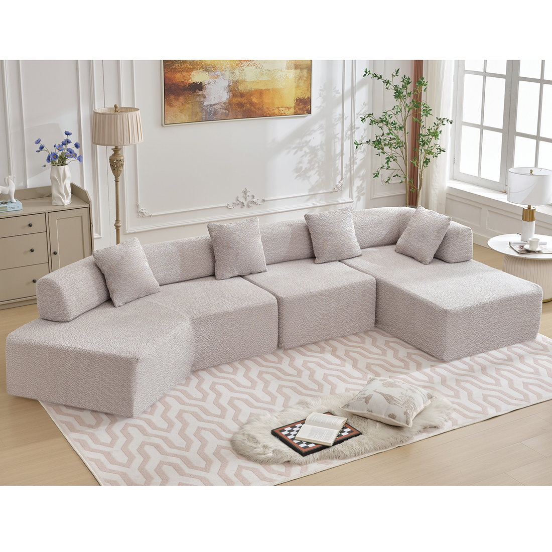 Arrived Modern Minimalist 140" L Shape Couch ,No Assembly Required,Boucle,Modular Sofa ,Couch With Chaise,Free Combination Foam Filled Sofa, 4 Seats, Gray Gray Polyester Primary Living Space Soft Modern Foam Polyester 4 Seat