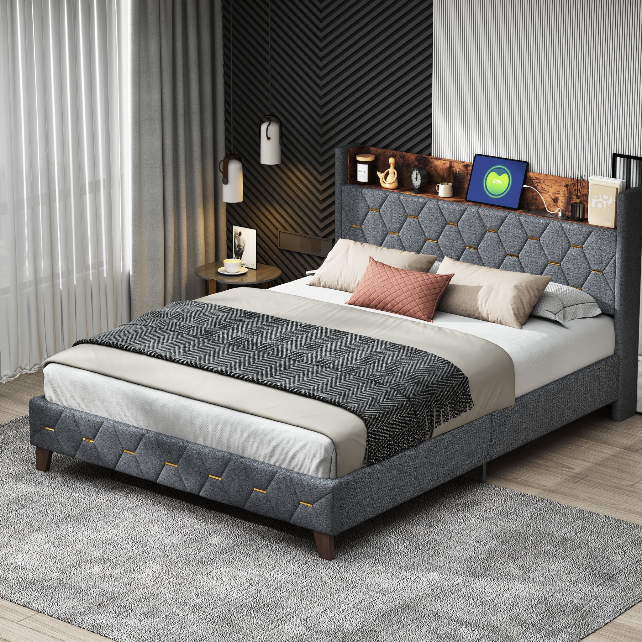 Queen Bed With Elegant Gold Metal Buttons, Built In Usb Ports, Phone Storage Pocket, And Spacious Headboard Shelving Sturdy Frame Supports Up To 300 Lbs,Mattress Not Included Queen Aqua Grey Abs