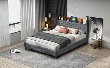 Queen Bed With Elegant Gold Metal Buttons, Built In Usb Ports, Phone Storage Pocket, And Spacious Headboard Shelving Sturdy Frame Supports Up To 300 Lbs,Mattress Not Included Queen Aqua Grey Abs