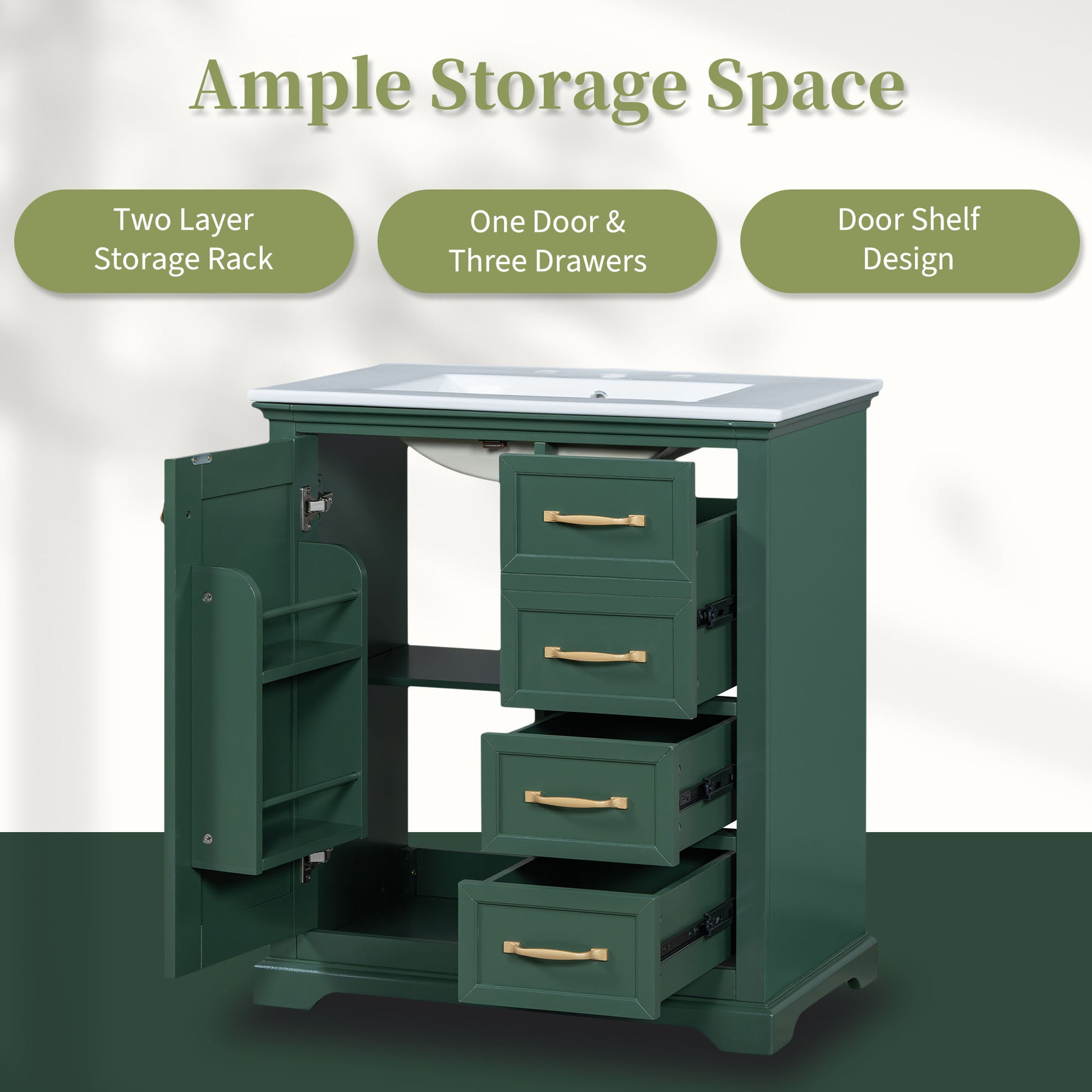 30" Bathroom Vanity With Sink, One Package, Green Bathroom Cabinet With Drawers, Solid Frame And Mdf Board Green Solid Wood Mdf