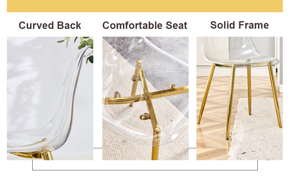 Table And Chair Set.Modern Luxurious White Marble Patterned Tempered Glass Dining Table Set With Transparent Pp Chairs.6 Transparent High Quality Pp Dining Chairs With Golden Legs. White Gold Seats