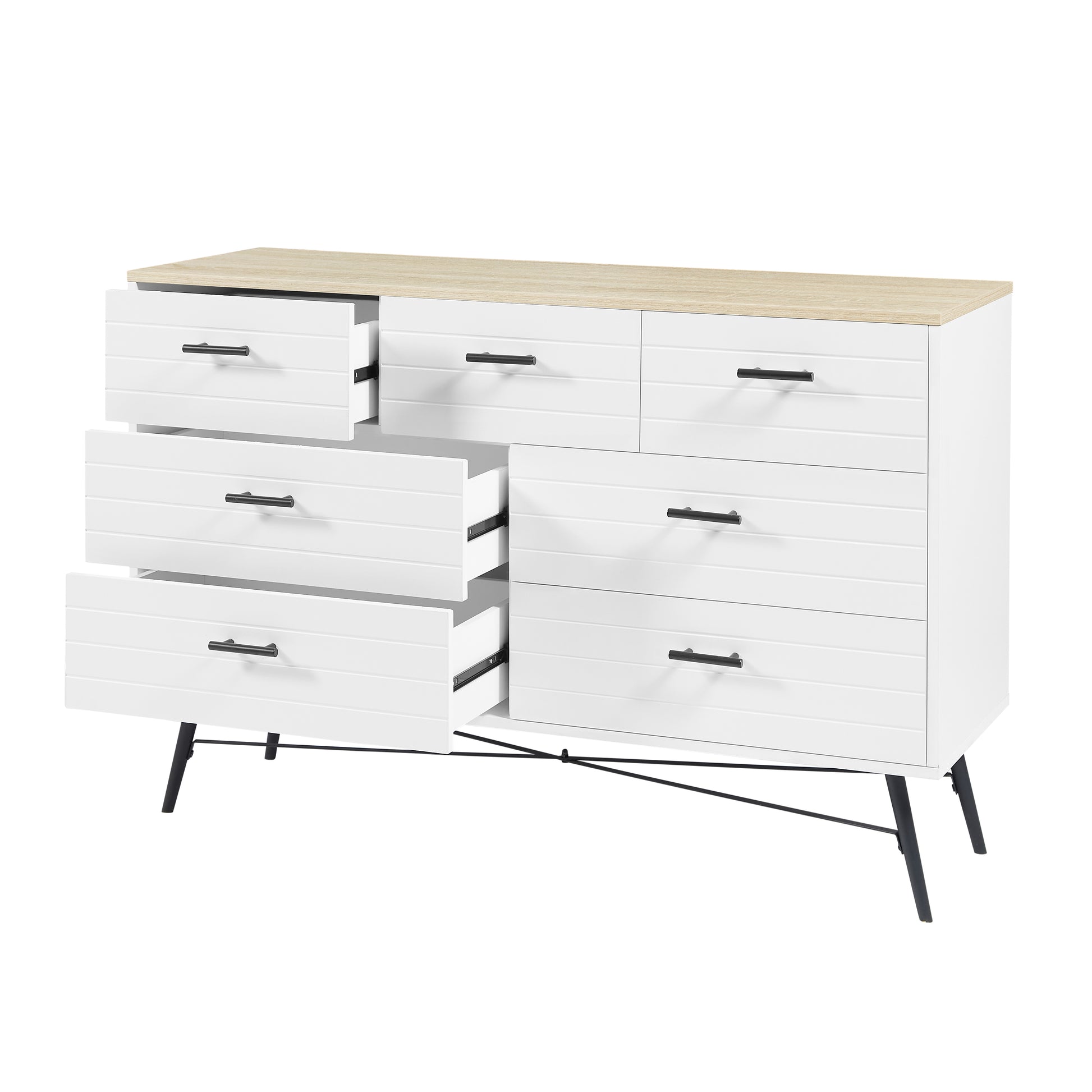 7 Drawer Dresser For Bedroom With Deep Drawers, Wood Dressers & Chest Of Drawers, Modern White Long Dressers For Closet Living Room, 47.2"W X 15.7"D X 31.5"H, White & Oak White Light Oak White Rustic,Vintage Particle Board