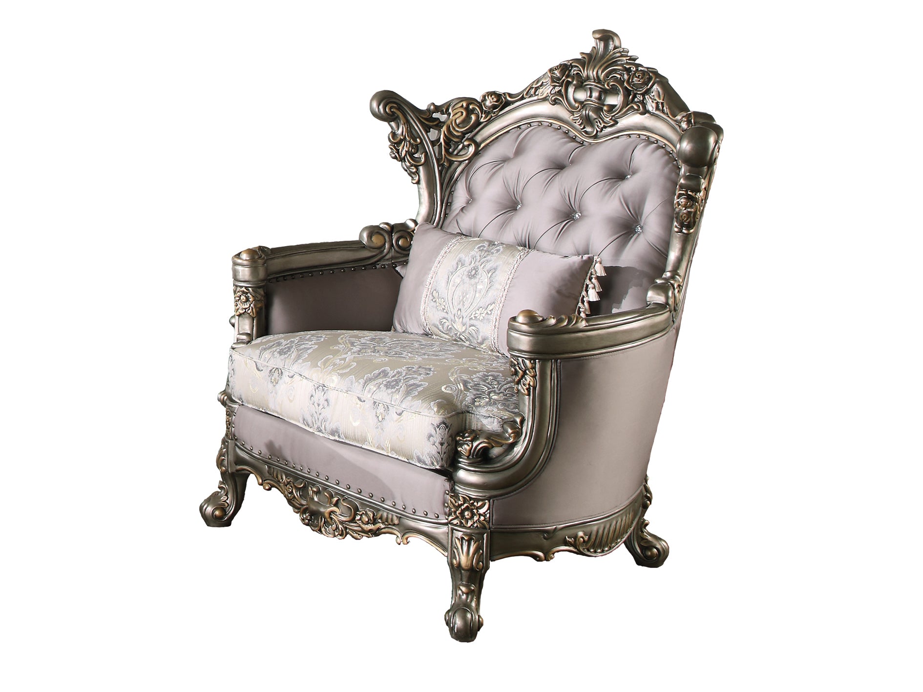 Wooden Chair With Engravings And Cabriole Legs, Purple And Silver Purple Silver Wood Fabric