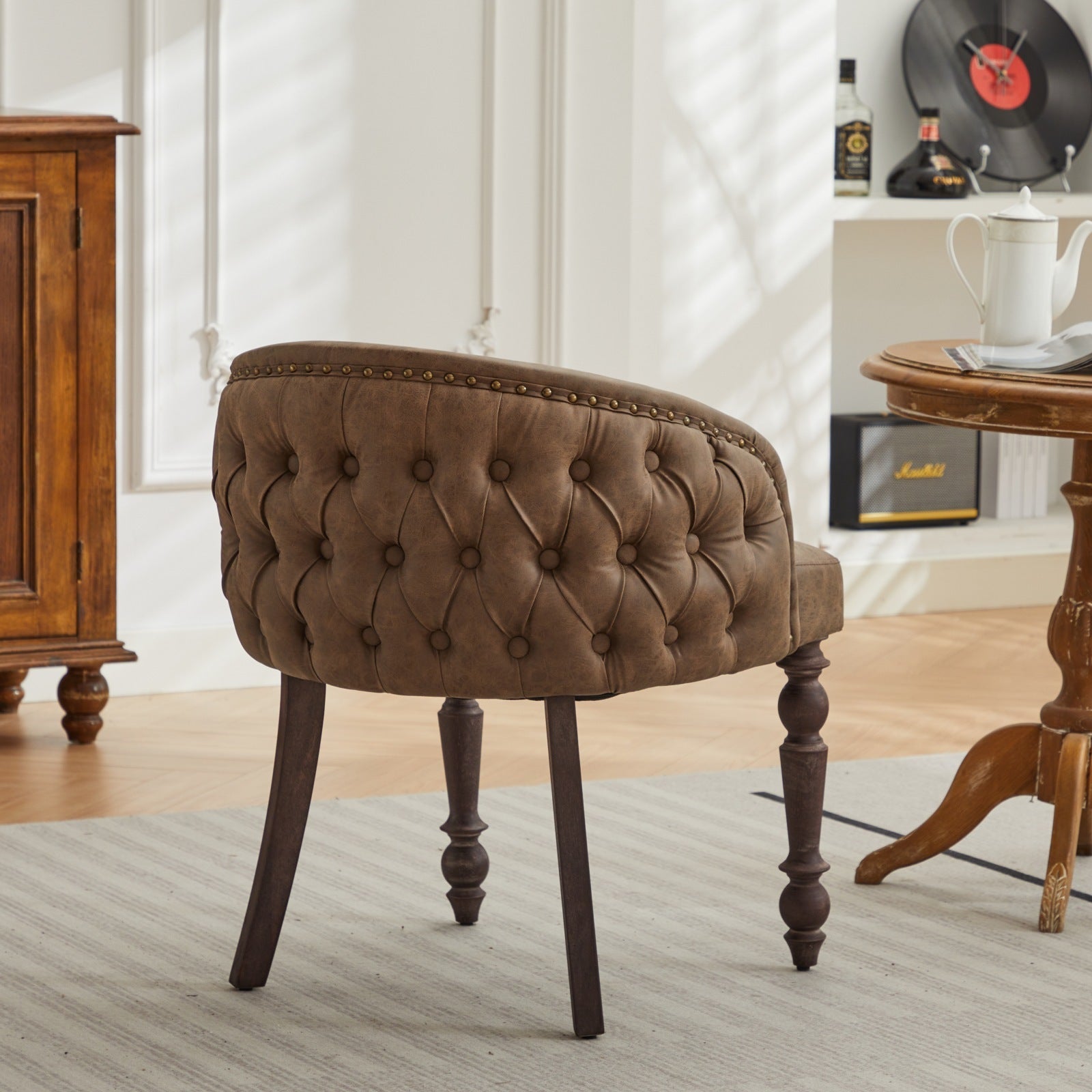 Hand Pulled Buckle Decoration Pu Dining Chair,Accent Leisure Chair, Mid Century Modern Arm Chair With Solid Wood Armrests And Legs, 1 Seat Cushioned Sofa For Living Room Bedroom,Brown Color,Sw1865Br Brown American Design Rubberwood Foam Pu