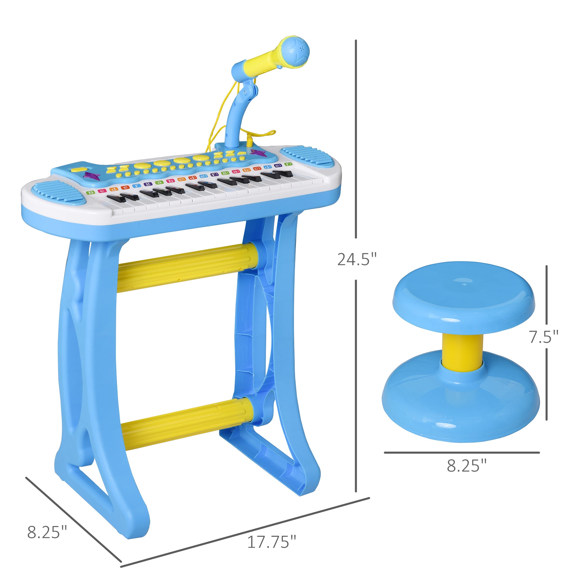 Qaba 31 Key Kids Toy Keyboard Piano, Electronic Musical Instrument With Multiple Sounds, Stool, Microphone And Bright Flashing Lights, Blue Blue Abs