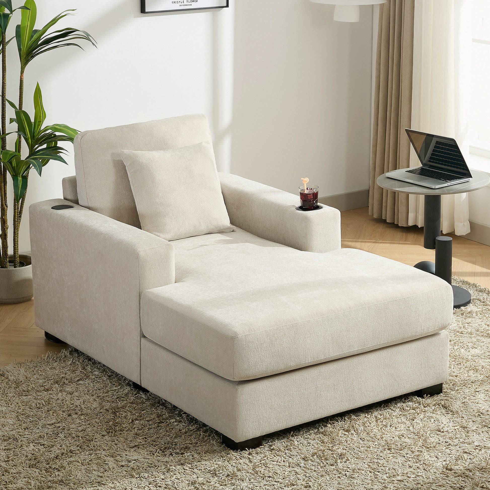 39.7" Oversized Chaise Lounger Modern Style Sofa Couch ,With Pillows, Charge Station & Cup Holders, Chenille Fabric, Cream Cream Chenille