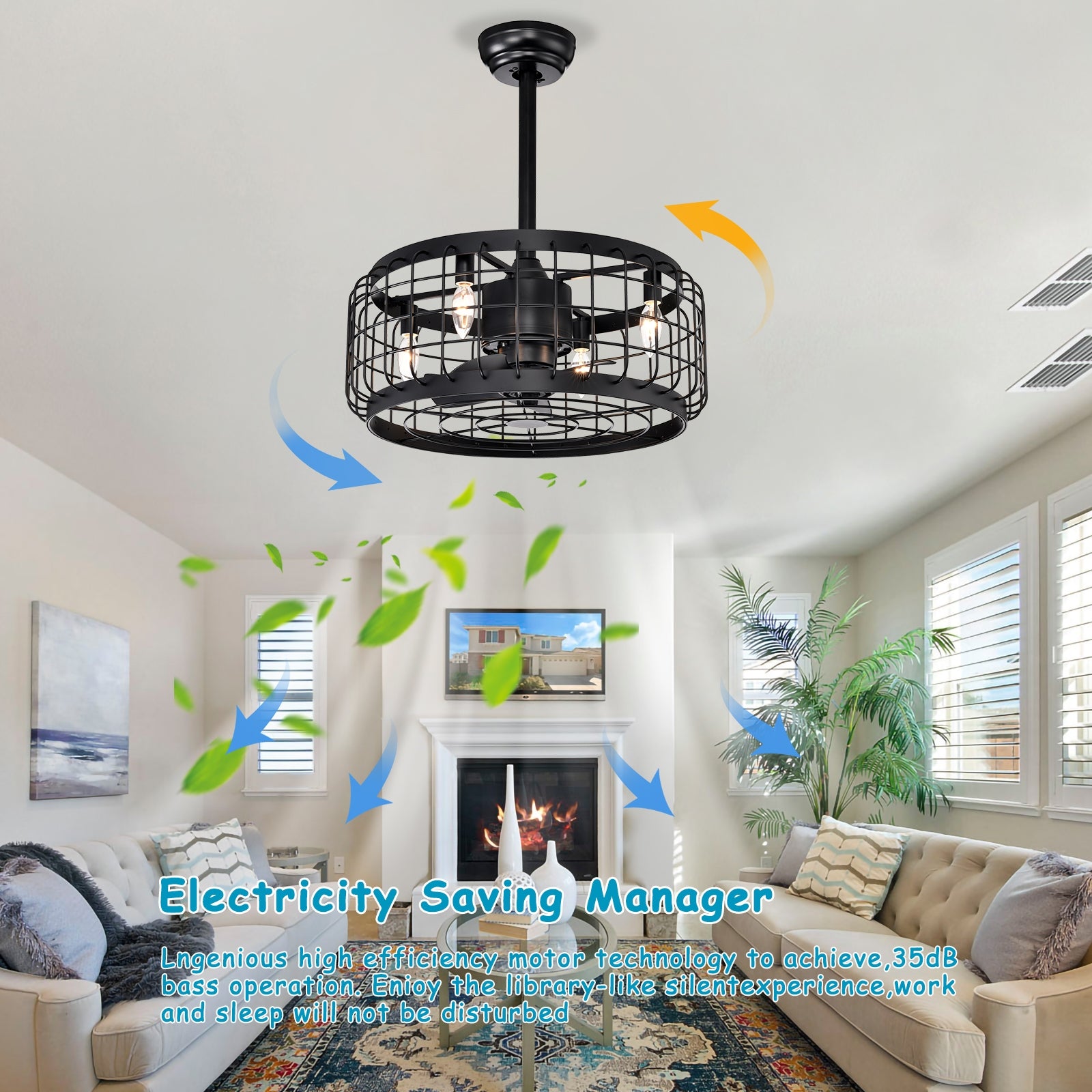 20.24" Caged Ceiling Fan With Remote Control,Timer, 3 Speeds Indoor Ceiling Fan For Farmhouse, Bedroom Living Room No Include Bulbs Matte Black American Design,Farmhouse,Modern,Traditional,Vintage Abs Metal