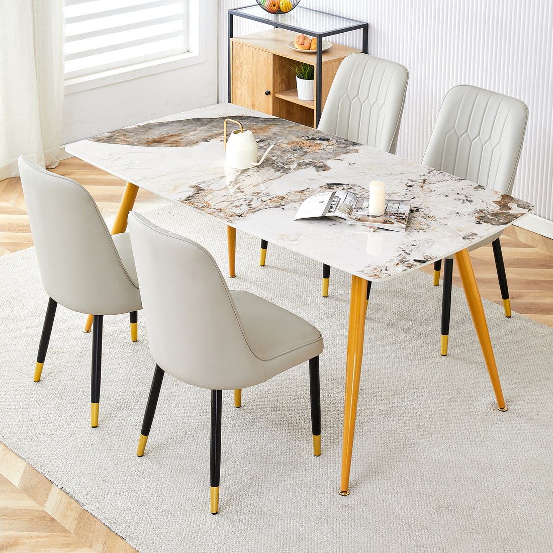 Table And Chair Set.Modern Minimalist Dining Table. White Imitation Marble Pattern Sintered Stone Desktop With Golden Metal Legs.Paried With 4 Comfortable Chairs With Pu Seats And Black Metal Legs.