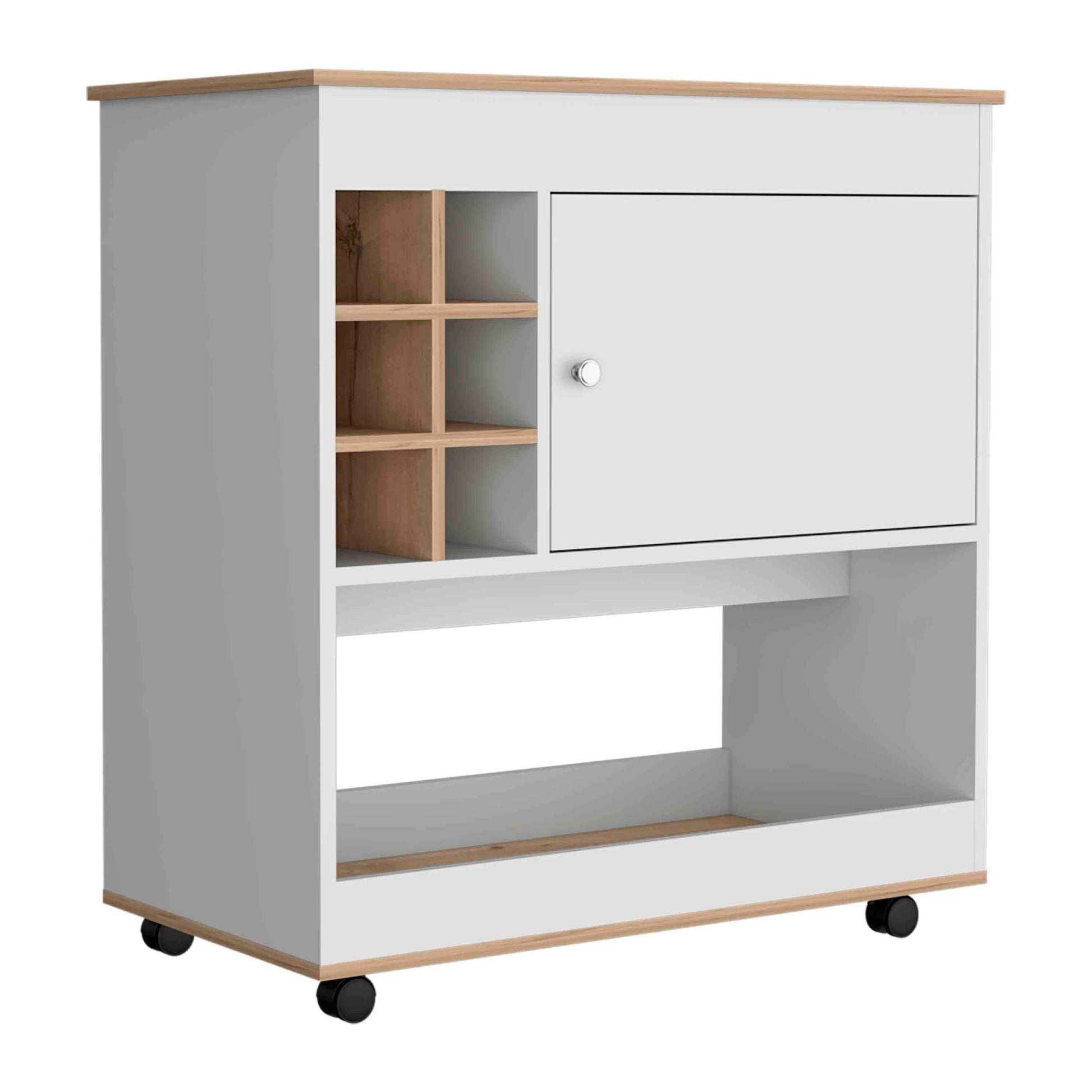 Lotus Bar Cart, Six Bottle Cubbies, One Cabinet, Four Casters, Light Oak White Multicolor Particle Board Particle Board