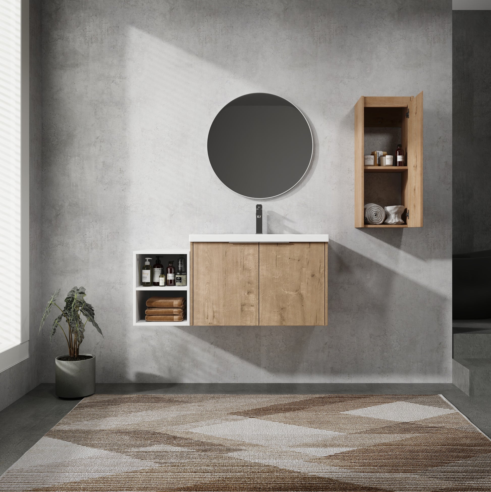 42" Wall Mounted Bathroom Vanity With Sink And Side Cabinet, Soft Close Doors,00112Imo 0630Imo 0612Gwh Combination Cabinet Kd Packing Imitative Oak Bathroom Modern Plywood Plywood