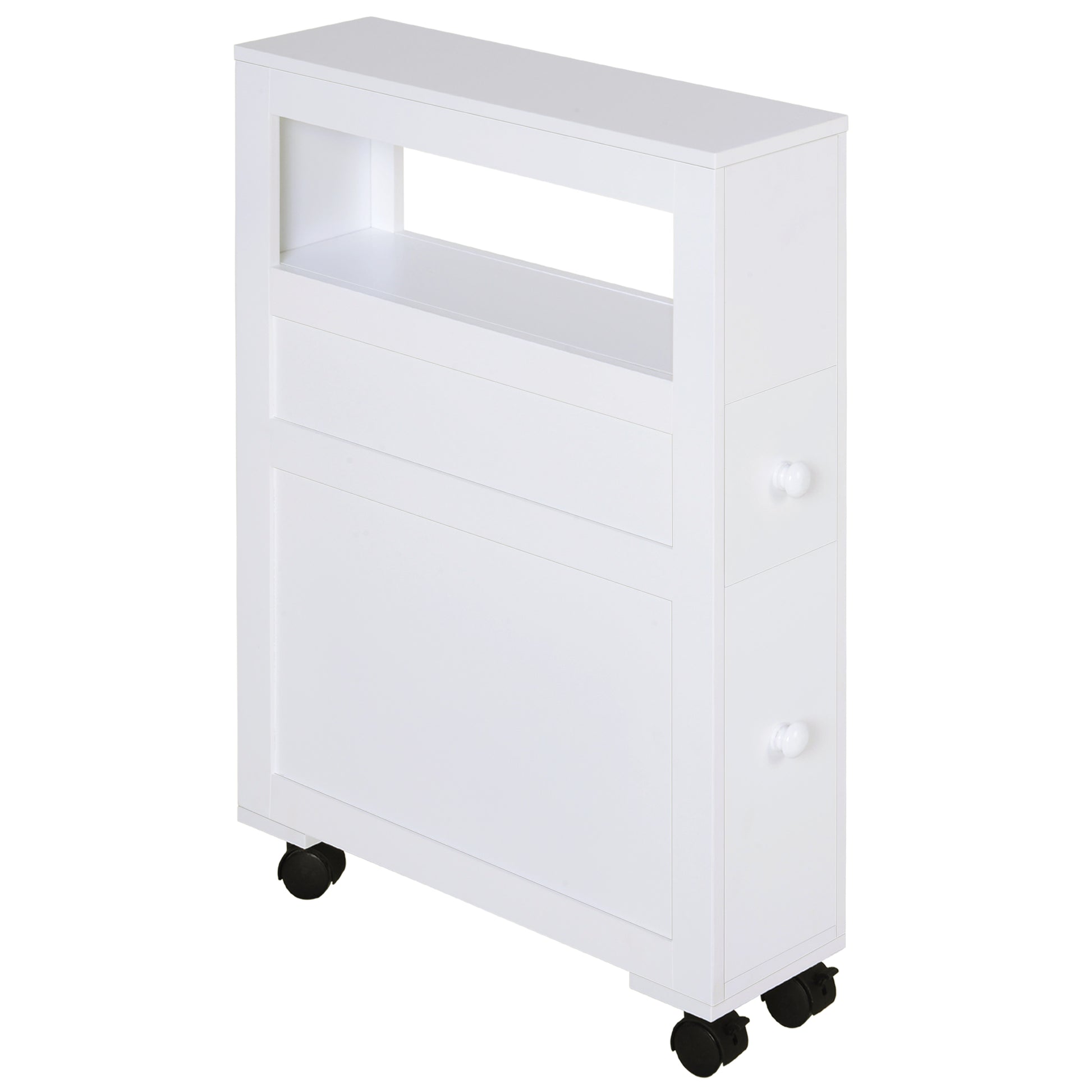 Homcom 6.25" X 20.5" X 28.25" Wood Rolling Narrow Bathroom Side Storage Cabinet White White Mdf