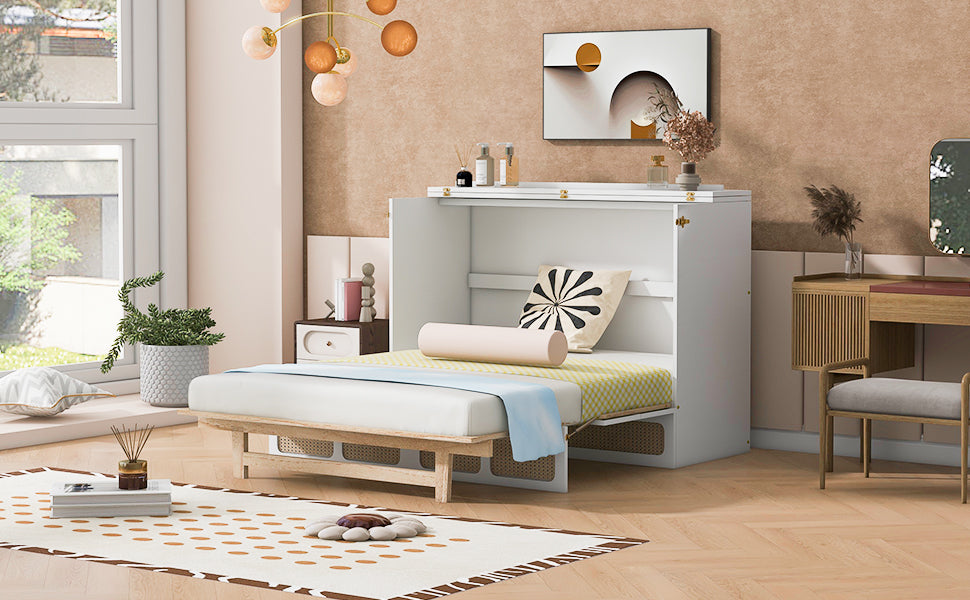 Full Size Murphy Bed With Large Drawers,White Full White Plywood