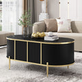 Modern Luxury Oval Shaped Fluted Coffee Table, Marble Patterned Top Coffee Table With 2 Cabinets, Metal Legs And Handles For Living Room, Black Date Of Expected Arrival: 11.20 Black Mdf