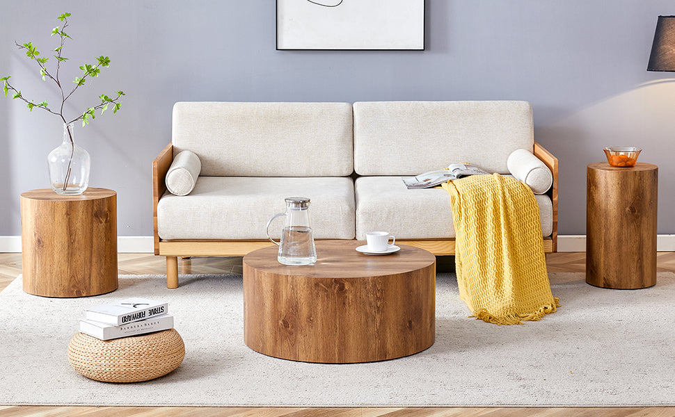 Modern Minimalist Set Of Three Wood Color Cylinder Marble Patterned Mdf Coffee Tables.The Cylindrical Table With Its Patterned Design Can Be Easily Integrated Into A Variety Of Interior Styles. Wood