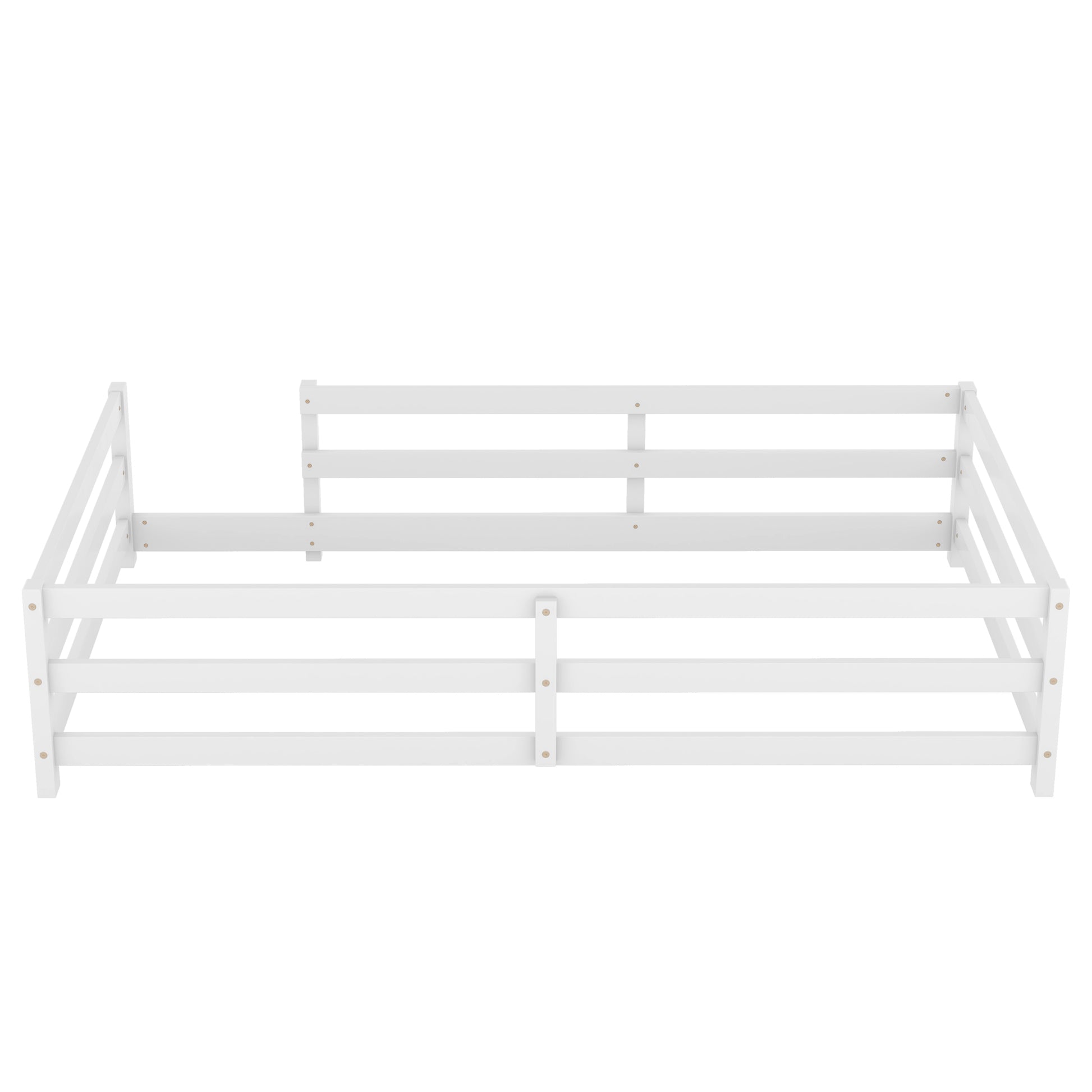 Twin Size Floor Bed, Montessori Floor Bed With Fence, Kids Montessori Bed Twin Size, Wood Montessori Floor Bed For Kids, Girls, Boys White White Wood Metal