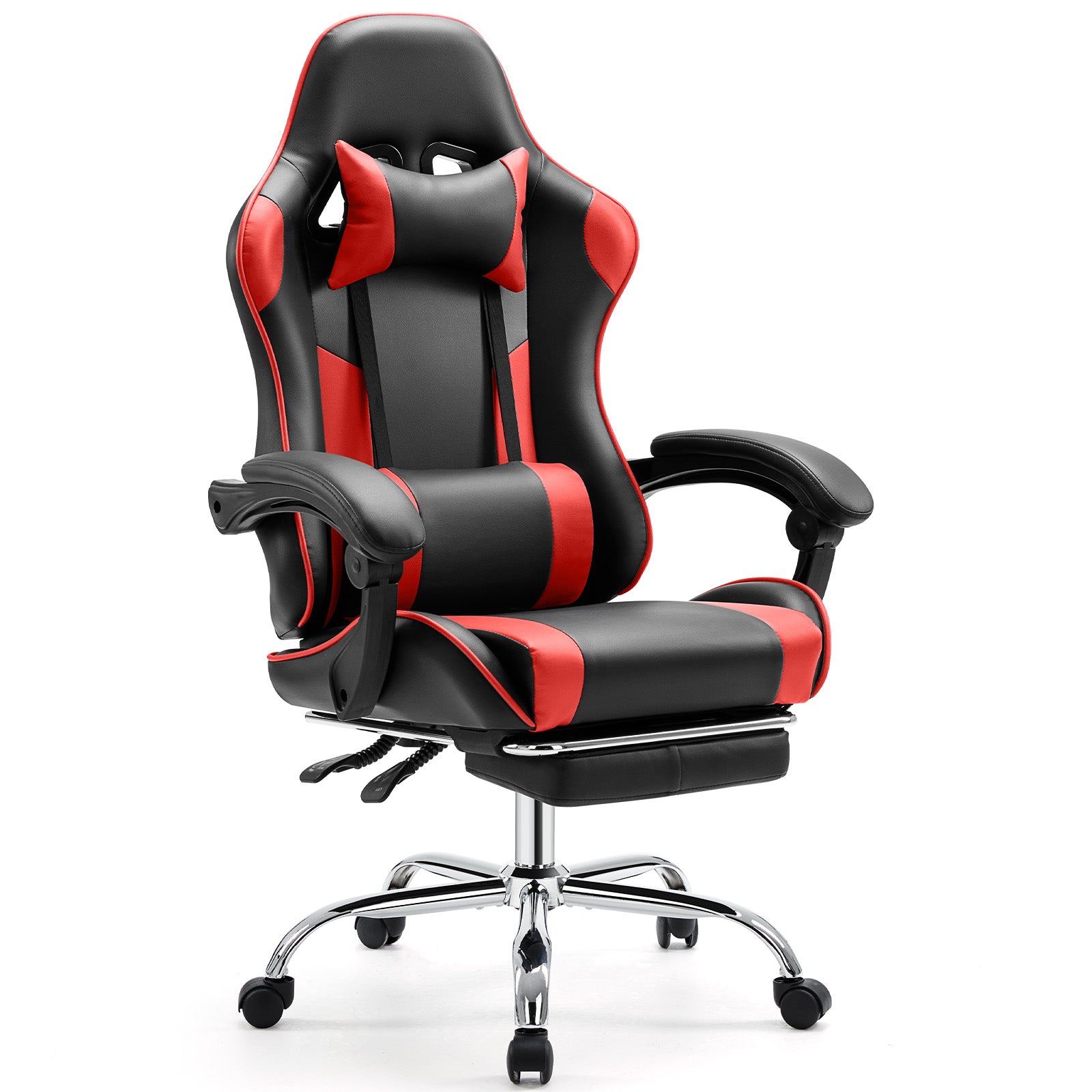 Video Game Desk Chair Ergonomic Computer With Footrest And Comfy Lumbar Support, Pu Leather Recliner With Headrest, Fixed Up Armrest, Height Adjustable With 360 Swivel, For Adults, Red Black Red Faux Leather