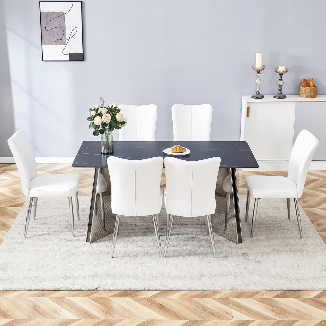 Table And Chair Set.63"X31.5X30" Black Marble Patterned Slabs Tabletop With Stainless Steel Butterfly Legs.Paired With 6 White Pu Dining Chairs With A Vertical Stripe Design On The Backrest. White