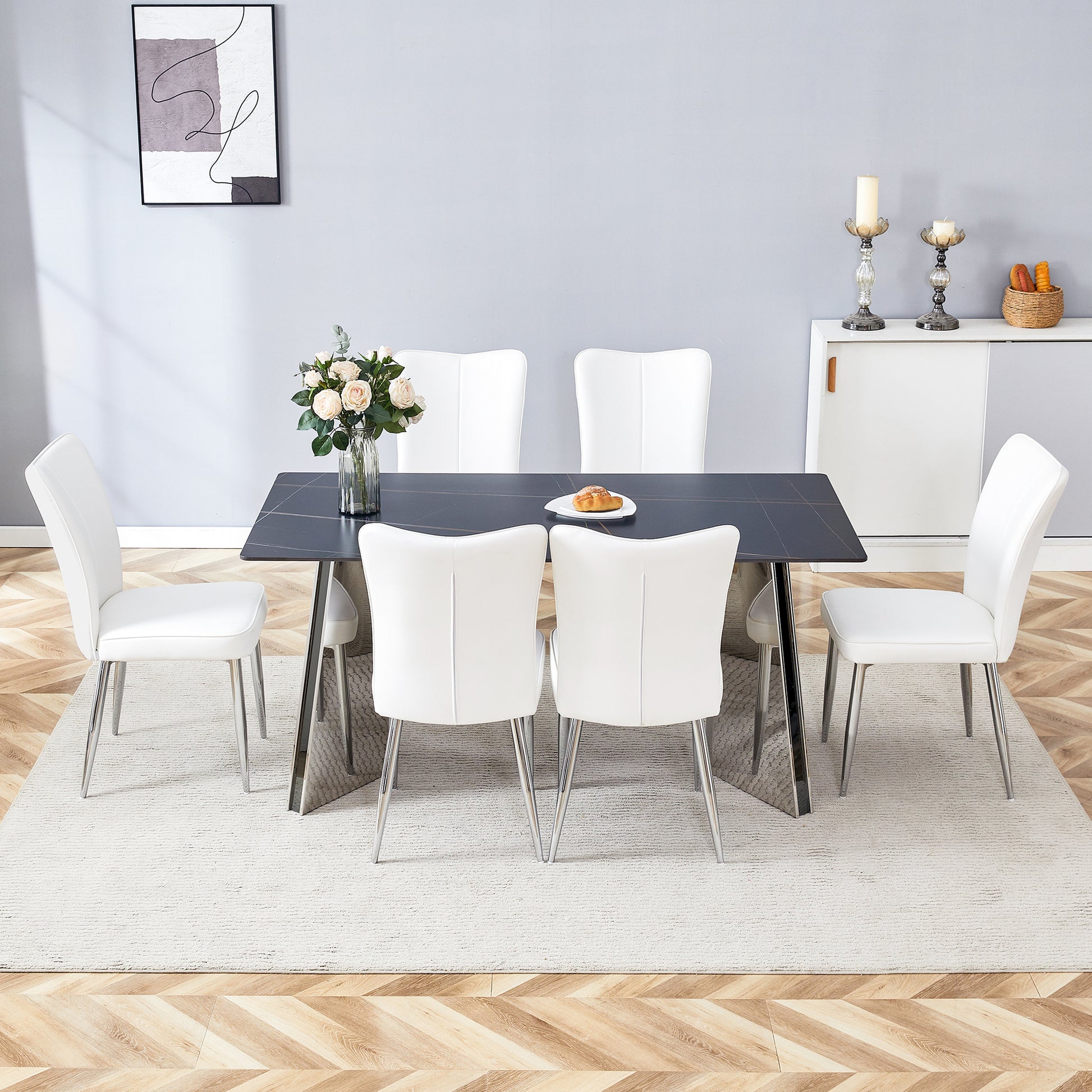 Table And Chair Set.63"X31.5X30" Black Marble Patterned Slabs Tabletop With Stainless Steel Butterfly Legs.Paired With 6 White Pu Dining Chairs With A Vertical Stripe Design On The Backrest. White