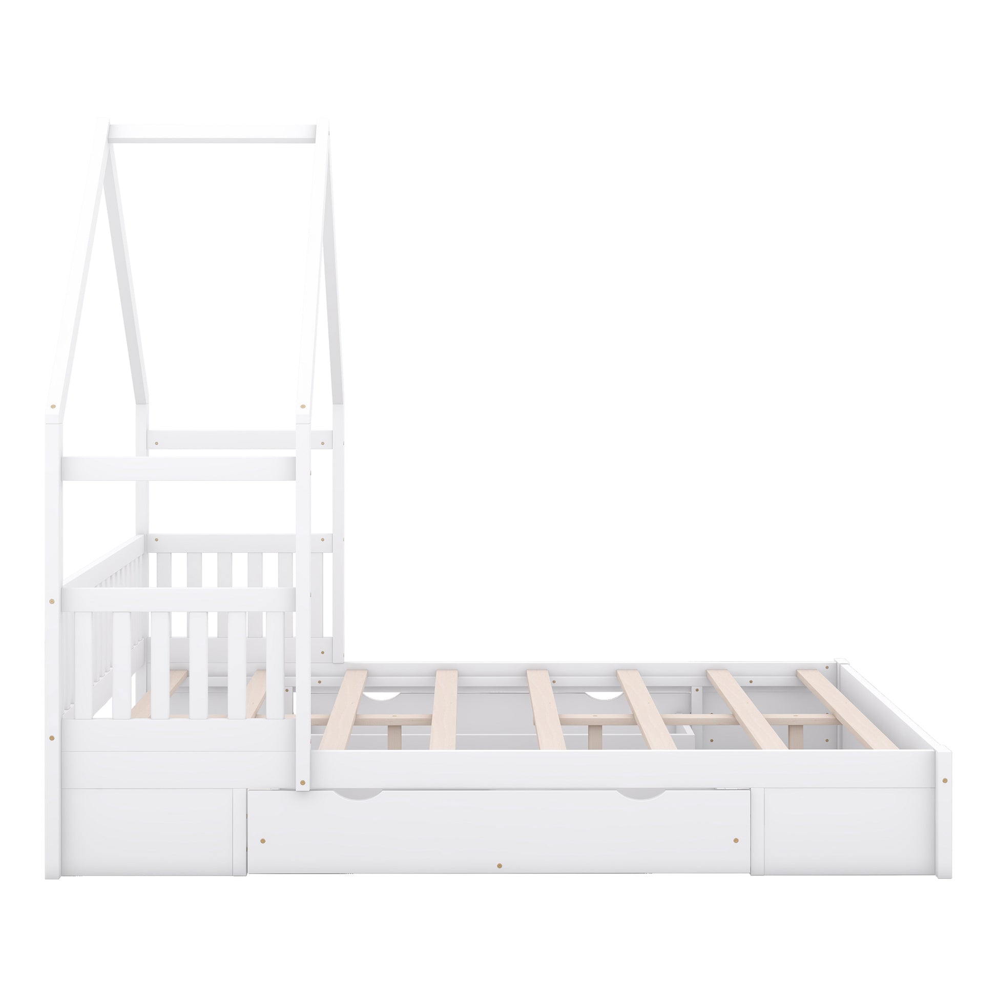 Wood Queen Size House Platform Bed With Guardrail And 2 Drawers, White Box Spring Not Required Queen White Wood Bedroom Bed Frame Solid Wood Mdf