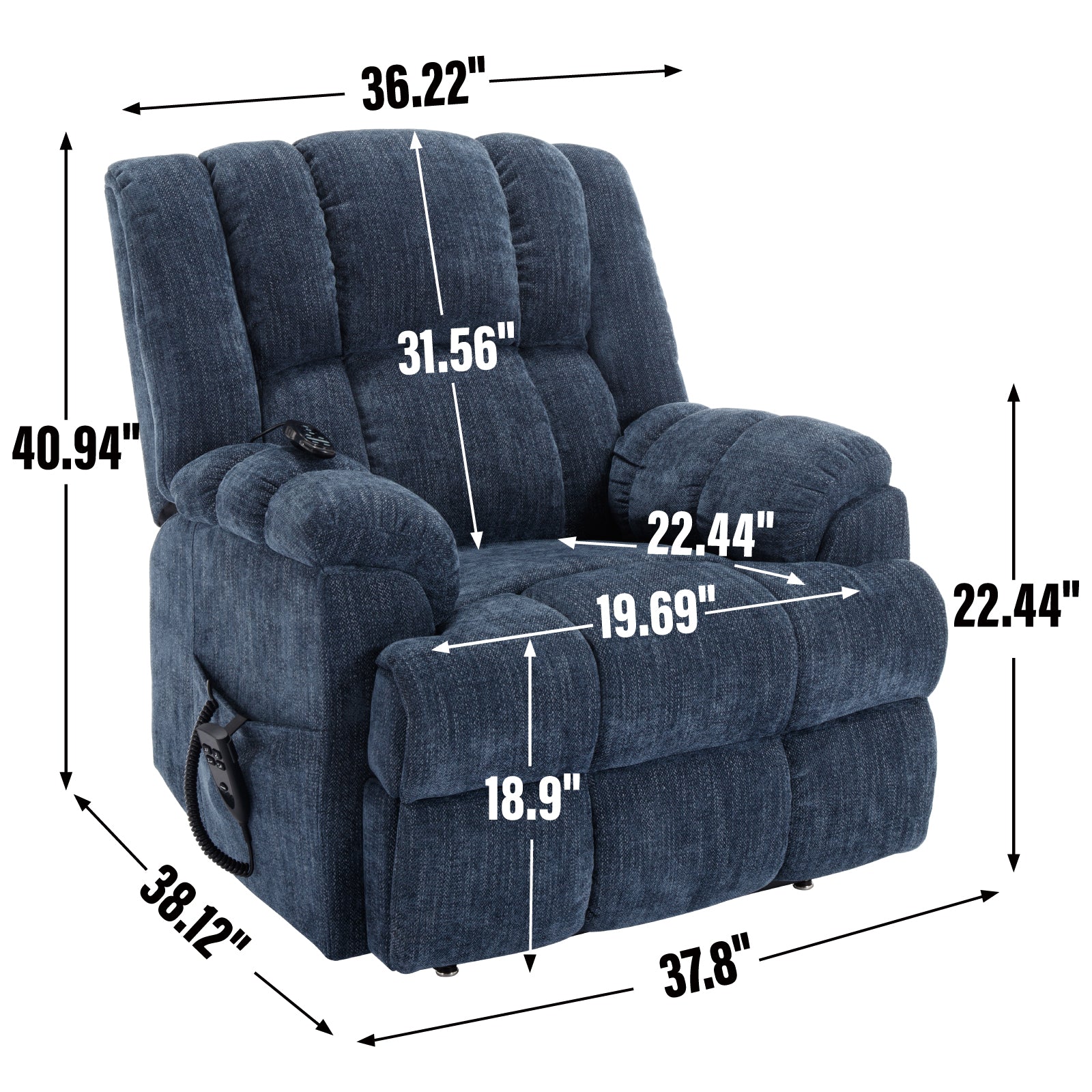 Dual Motor Heat Massage Infinite Position Up To 350 Lbs Electric Power Lift Recliners With Power Remote, Medium Firm And Heavy Duty, Blue Blue Chenille Power Remote Metal Primary Living Space Medium Firm Pillow Back Heavy Duty American Design Pine Pillow