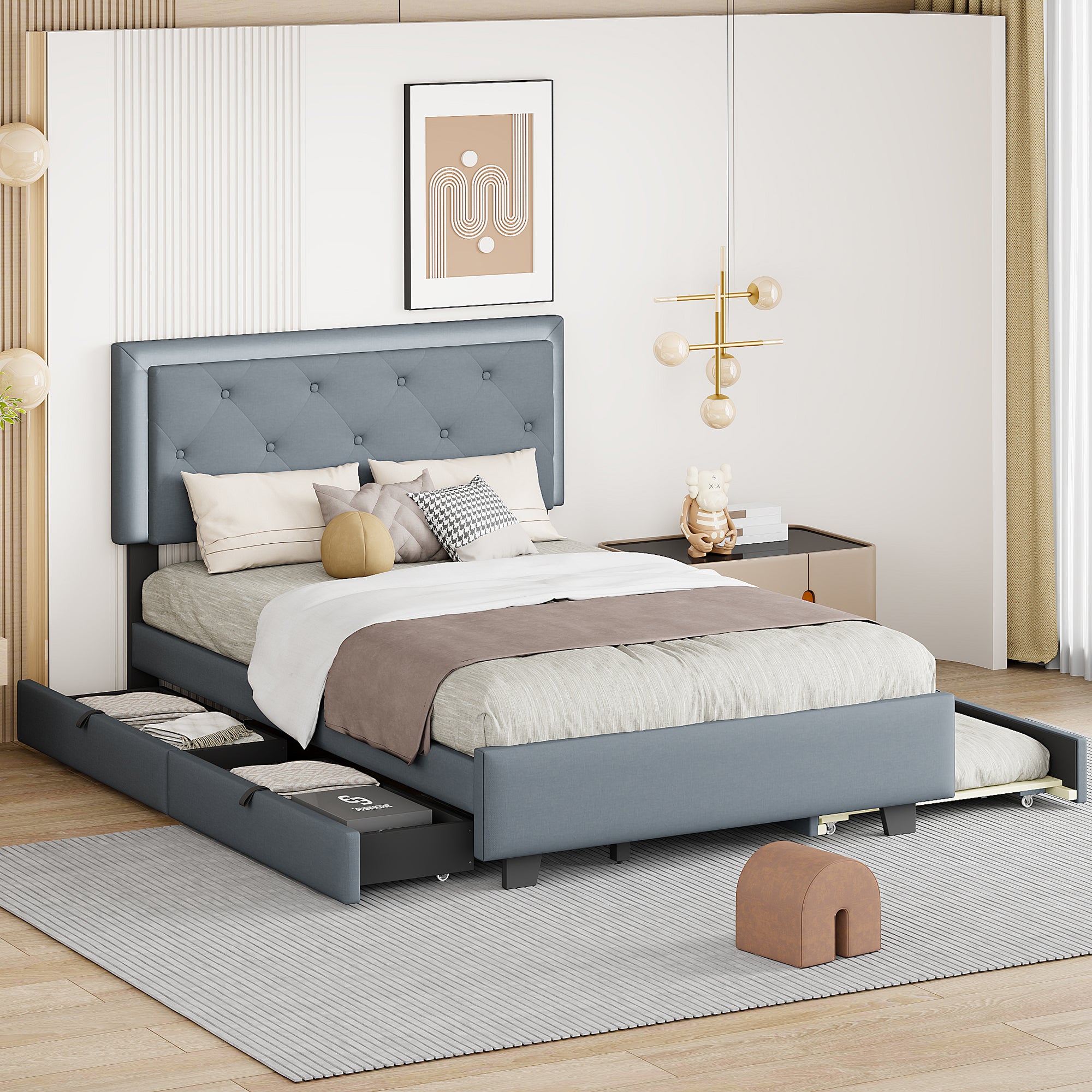 Full Size Velvet Storage Platform Bed, With 2 Big Drawers, T Size Trundle And Led Light, Gray Gray Velvet