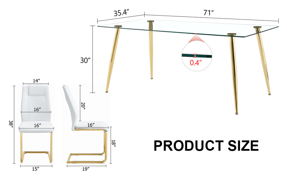 Table And Chair Set.Modern Rectangular Glass Dining Table With A Tempered Glass Tabletop And Metal Legs, Paired With Multiple Chairs Designed With Pu Cushions And Golden Metal Legs. White Gold Seats 8 Tempered Glass