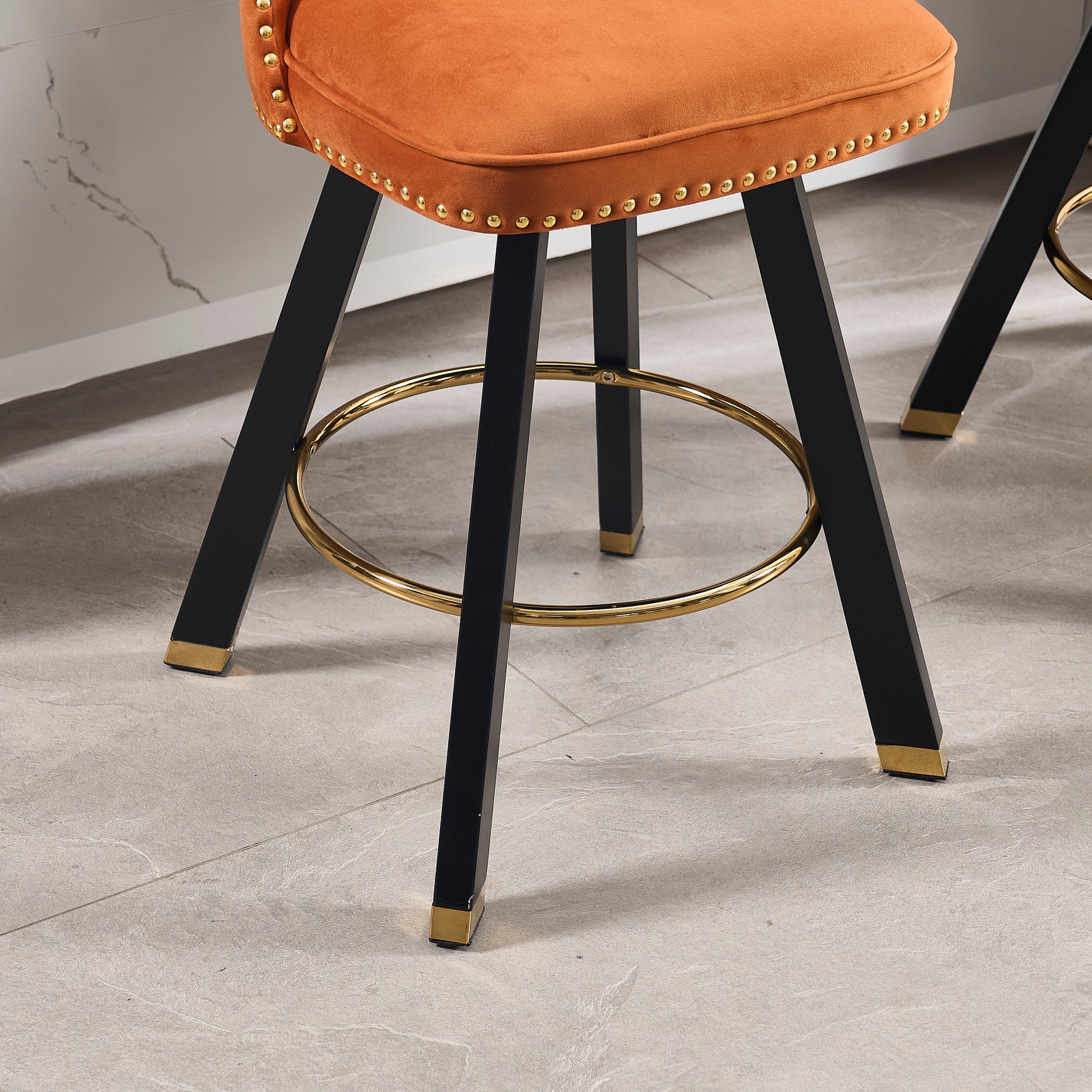 Coolmore Set Of 2,Back Pull Point Design, Velvet Material, 360 Degree Rotation, Back Pull Loop Detachable Design, Rivet Decoration, Square Foot Wooden Bar Chair Orange Velvet