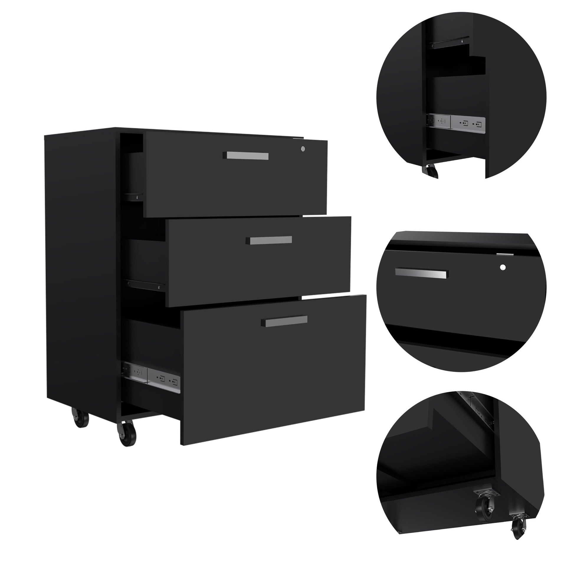 Multisstorage Cabinet 35" H, Three Drawers, Four Wheels, Black Black Particle Board Particle Board