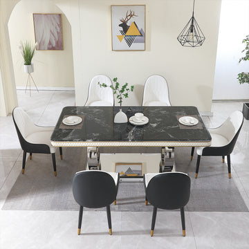 Luxury Modern Dining Table 78.7Inch Black Dining Table With 6 Chairs Faux Marble Dining Table Top With Titanium Plated Dual Circle Base With 6Pcs Chairs . Black Seats 6 Dining Room American Design