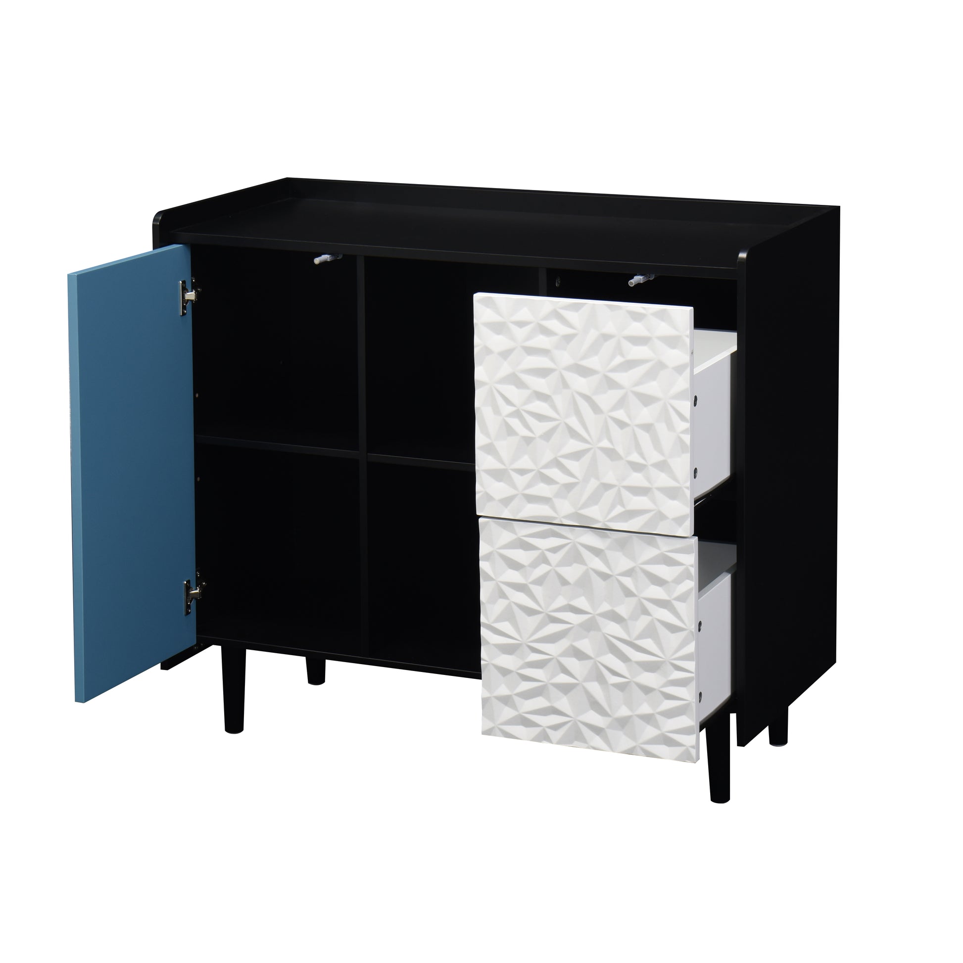 Sideboard Buffet Cabinet, Black Storage Cabinet With Red Doors2 Drawers With Unique Panel Styling And 2 Open Storage Compartment, Modern Coffee Bar Cabinet Accent Cabinet For Kitchen, Dining Room Black Blue Mdf