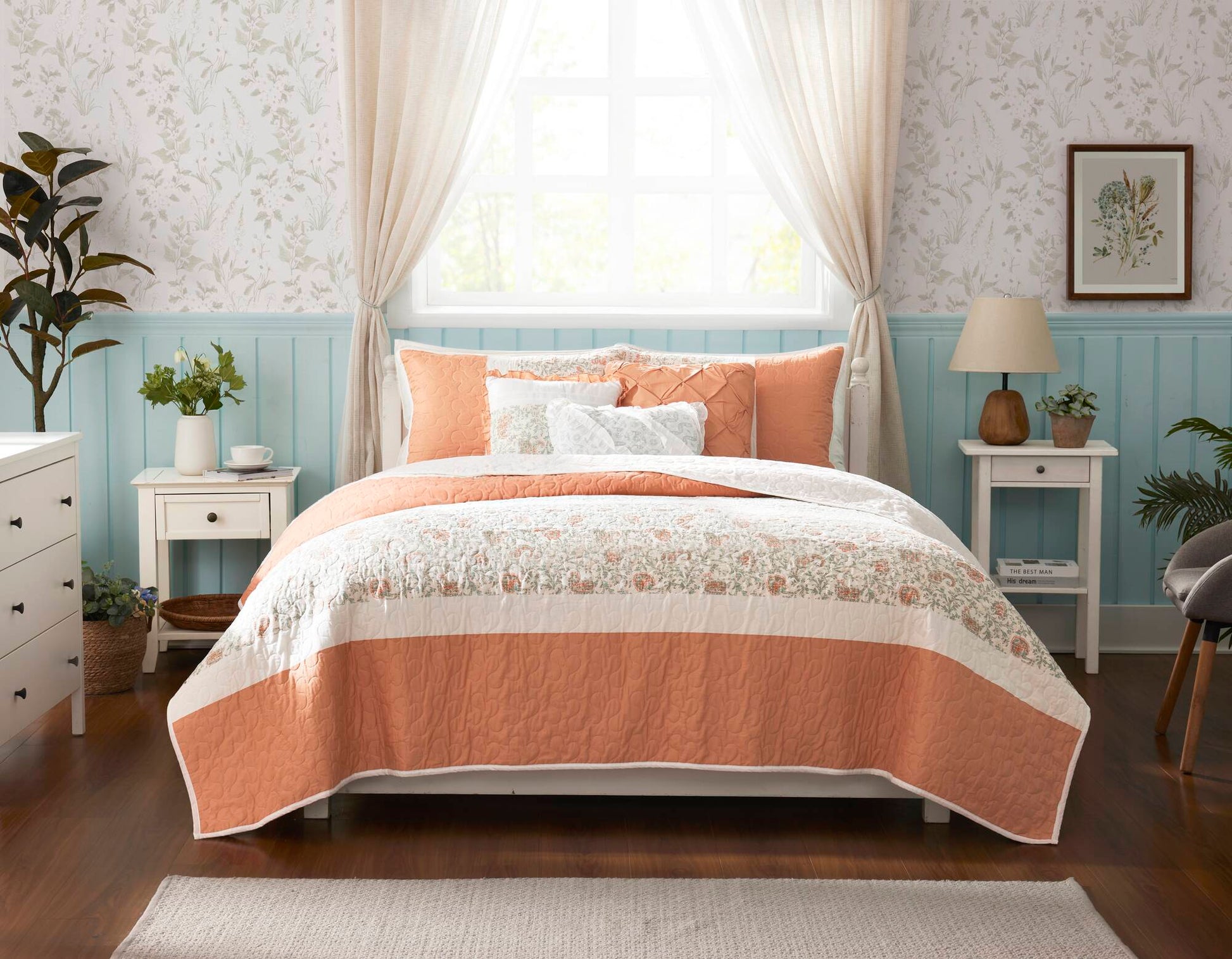 6 Piece Cotton Percale Quilt Set With Throw Pillows Coral King Cal King King Coral Polyester